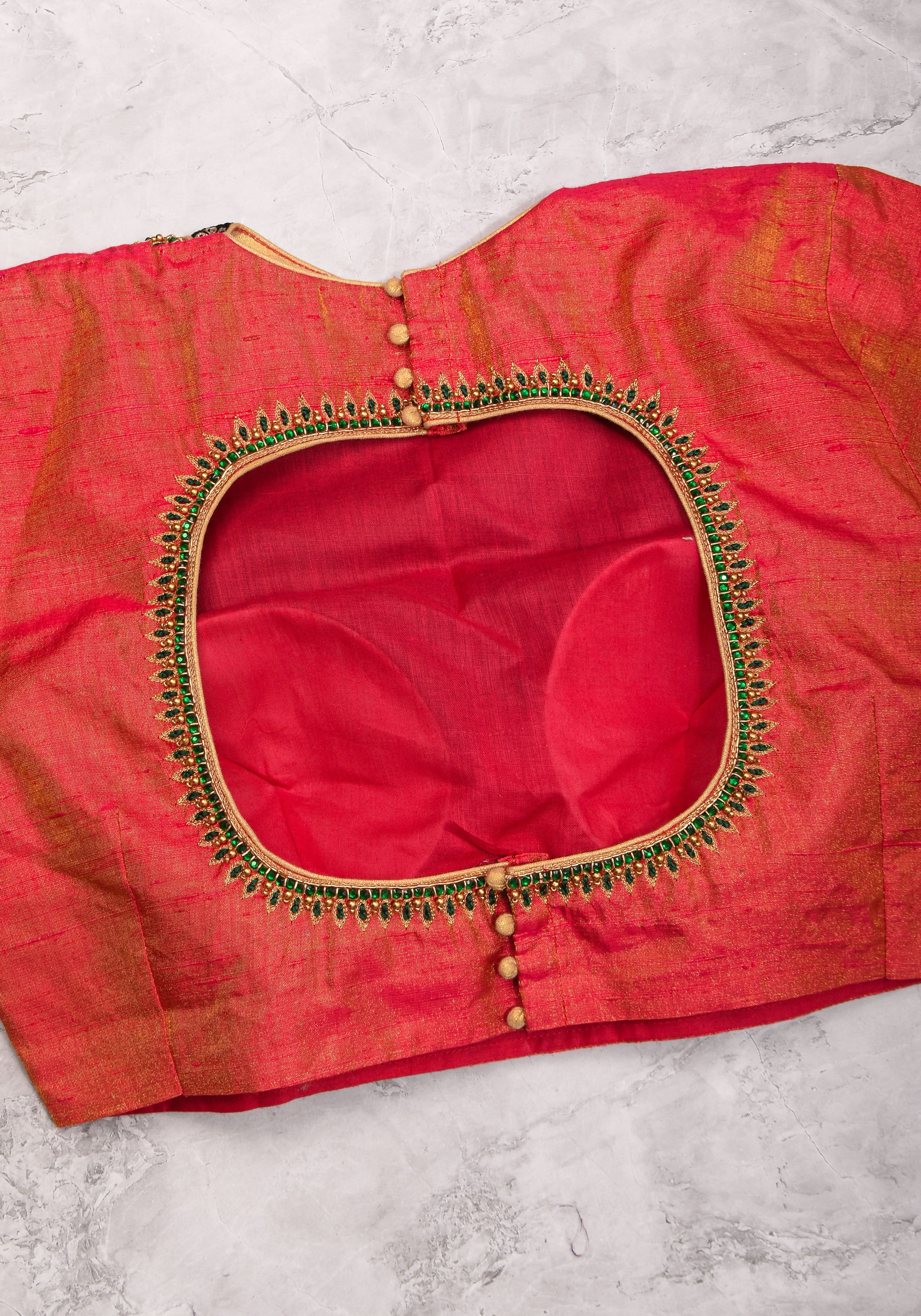 Pure Tissue Raw Silk Pink Blouse with Deep Green Velvet Yoke and Hand Work, Made to Order | Shobitam