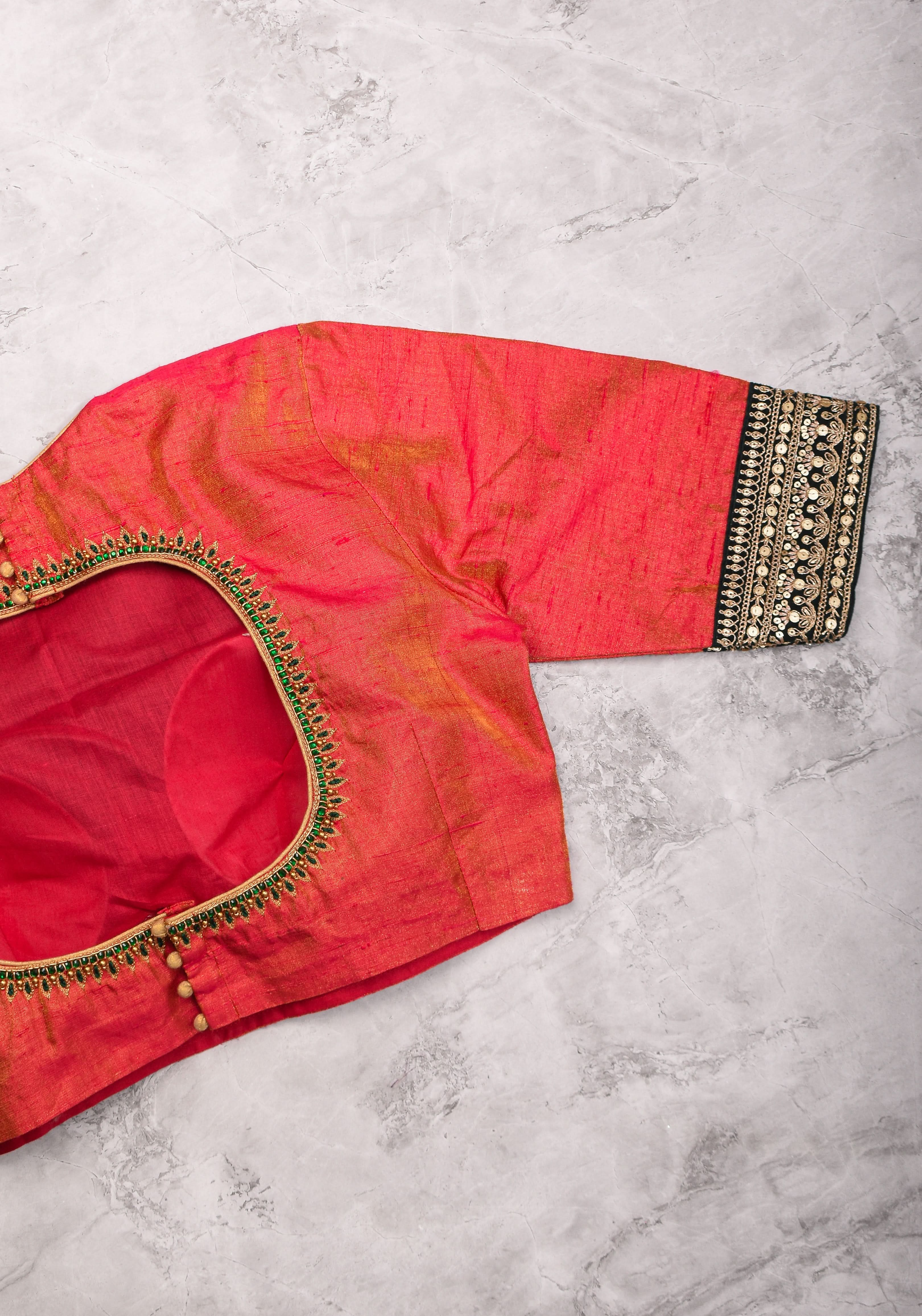 Pure Tissue Raw Silk Pink Blouse with Deep Green Velvet Yoke and Hand Work, Made to Order | Shobitam