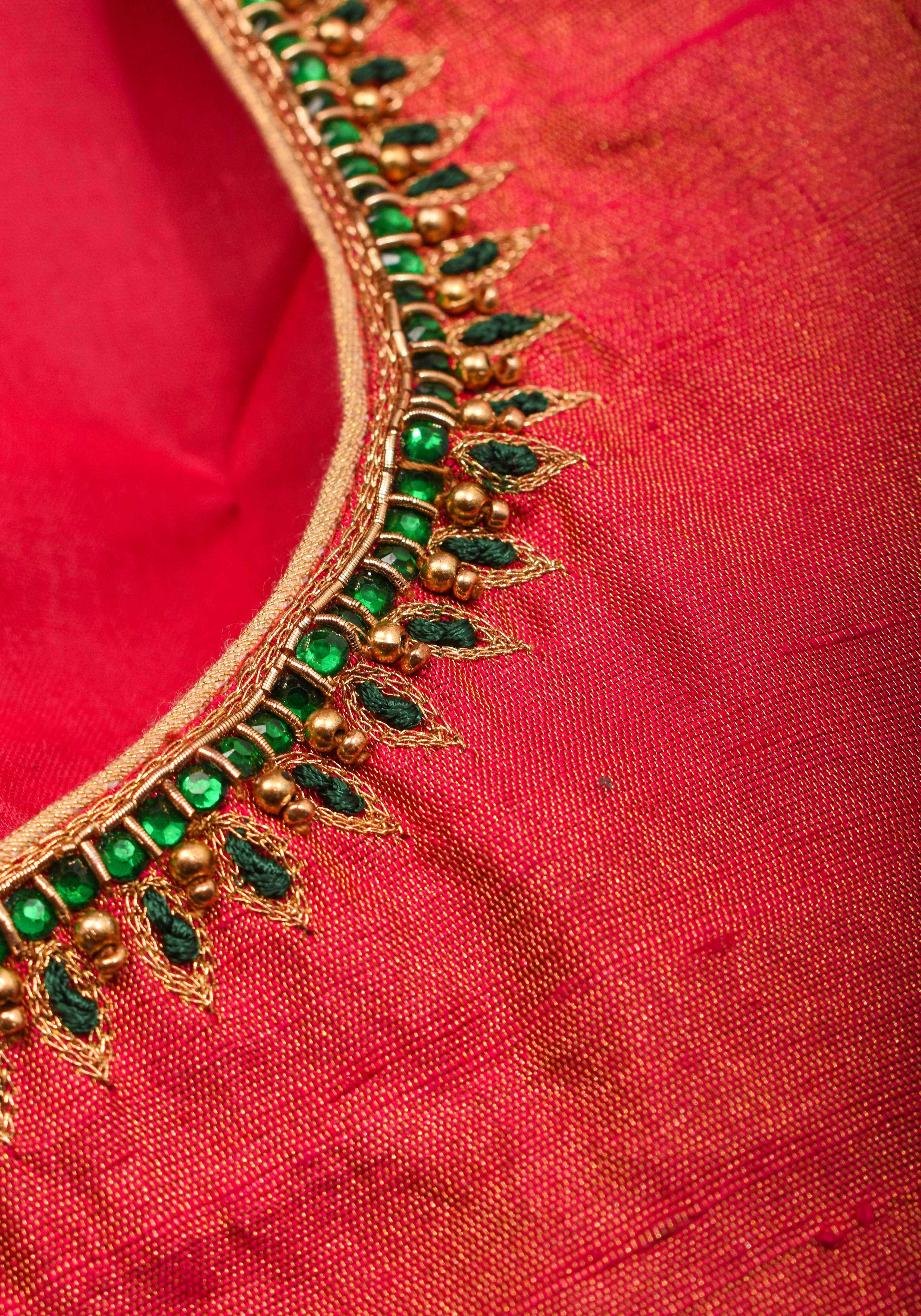 Pure Tissue Raw Silk Pink Blouse with Deep Green Velvet Yoke and Hand Work, Made to Order | Shobitam