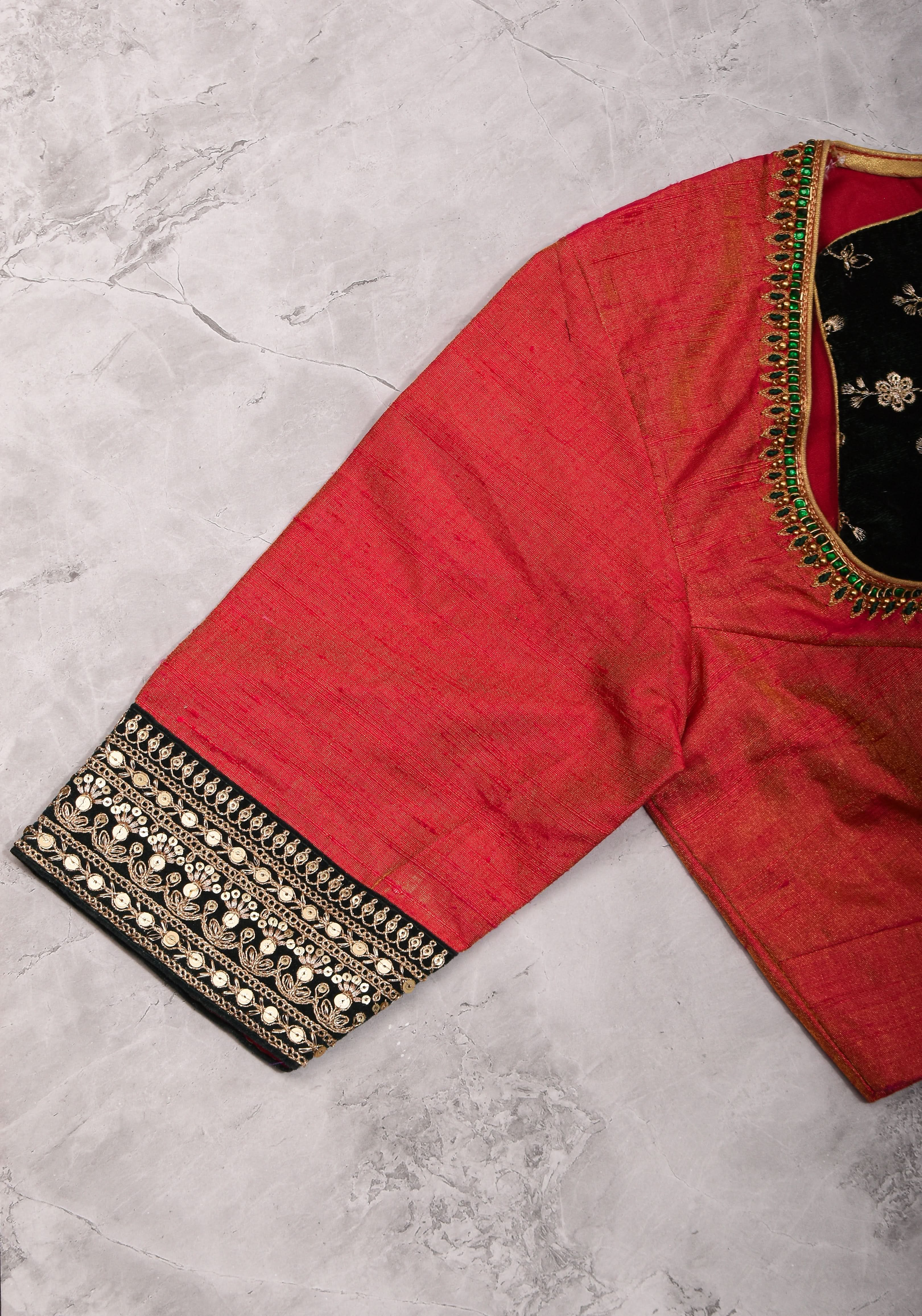 Pure Tissue Raw Silk Pink Blouse with Deep Green Velvet Yoke and Hand Work, Made to Order | Shobitam