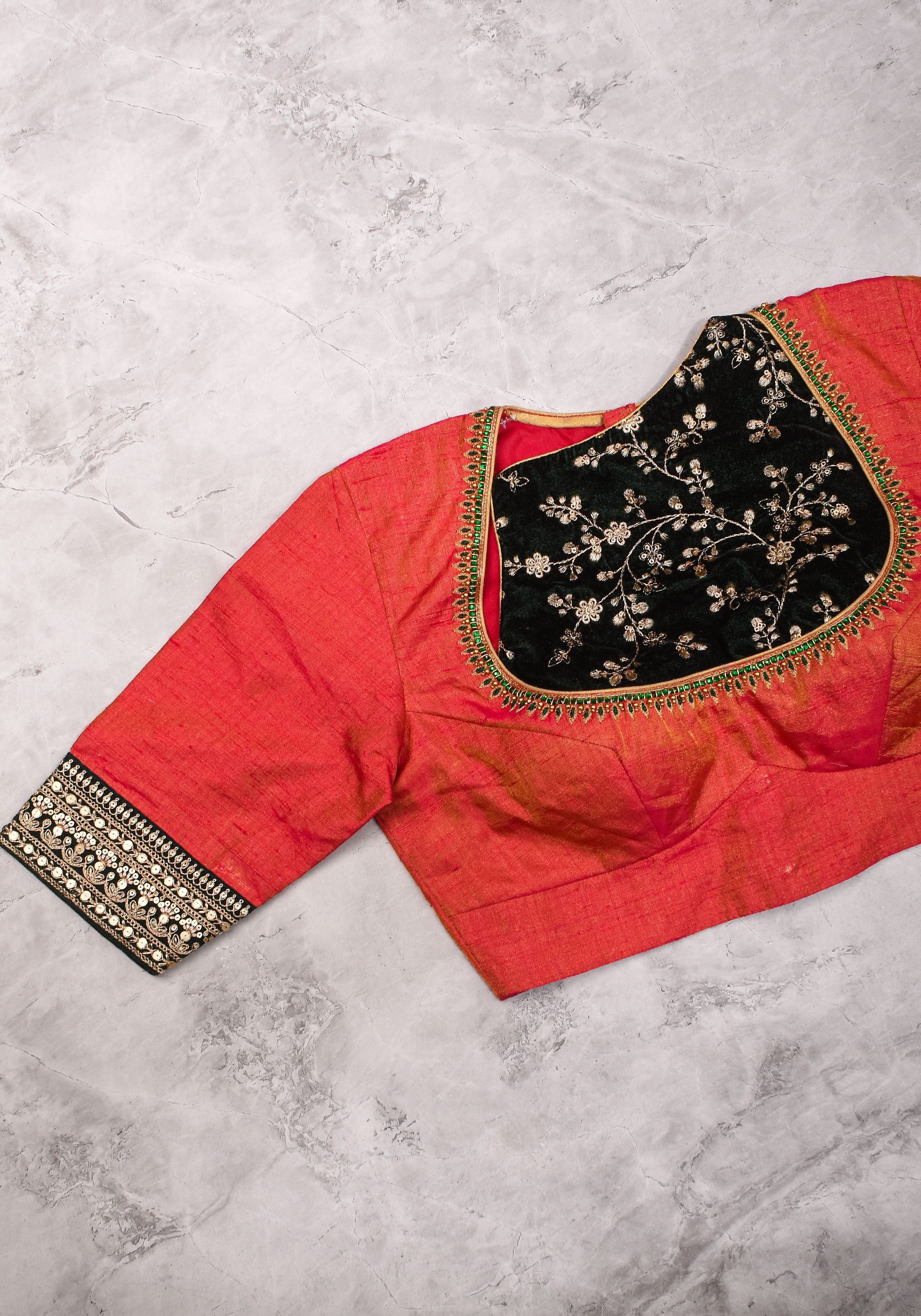 Pure Tissue Raw Silk Pink Blouse with Deep Green Velvet Yoke and Hand Work, Made to Order | Shobitam