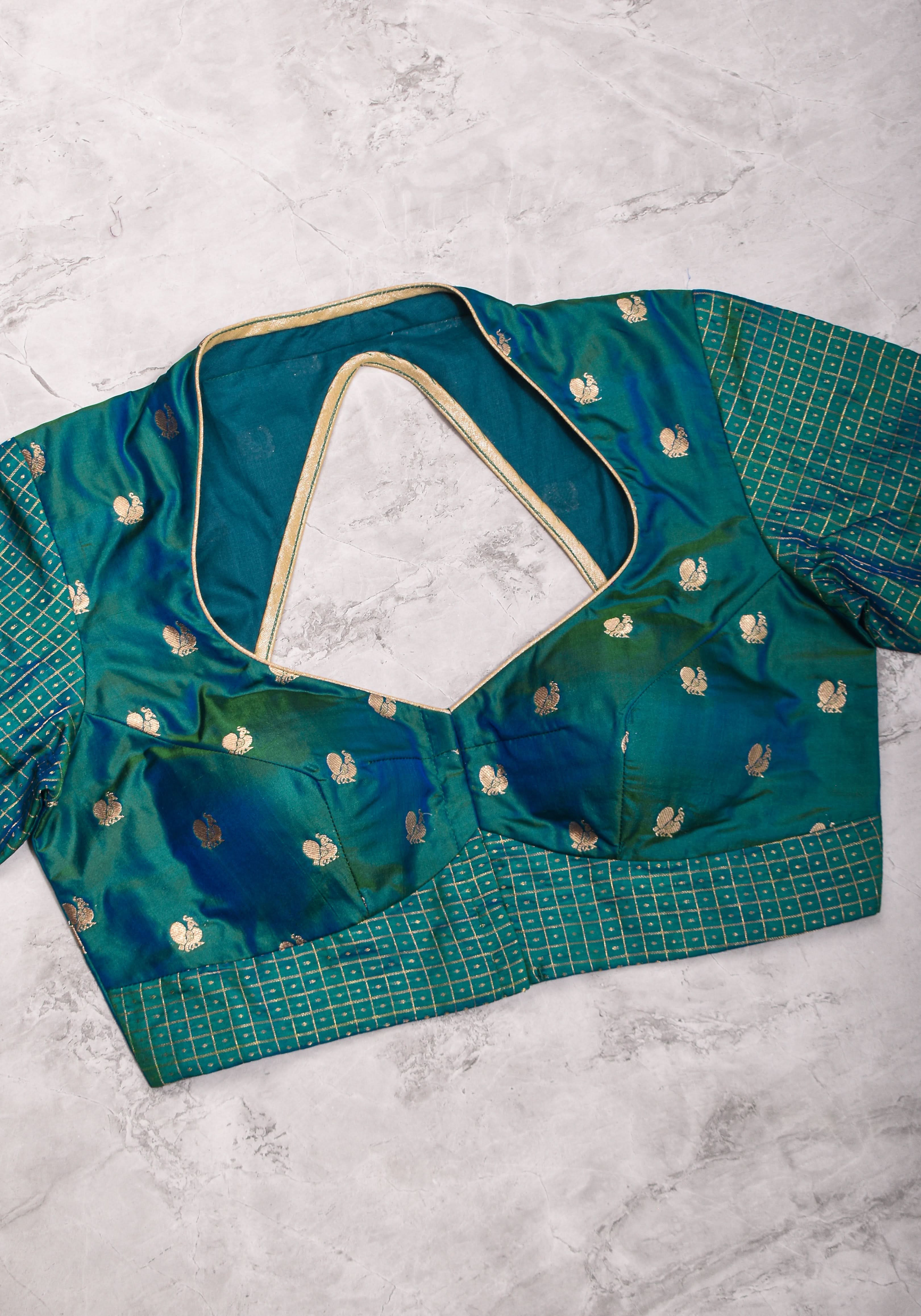 Pure Kanjivaram Silk Peacock Butti and checks Matka Neck Mix and Match Blouse for saree, Made to Order | Shobitam