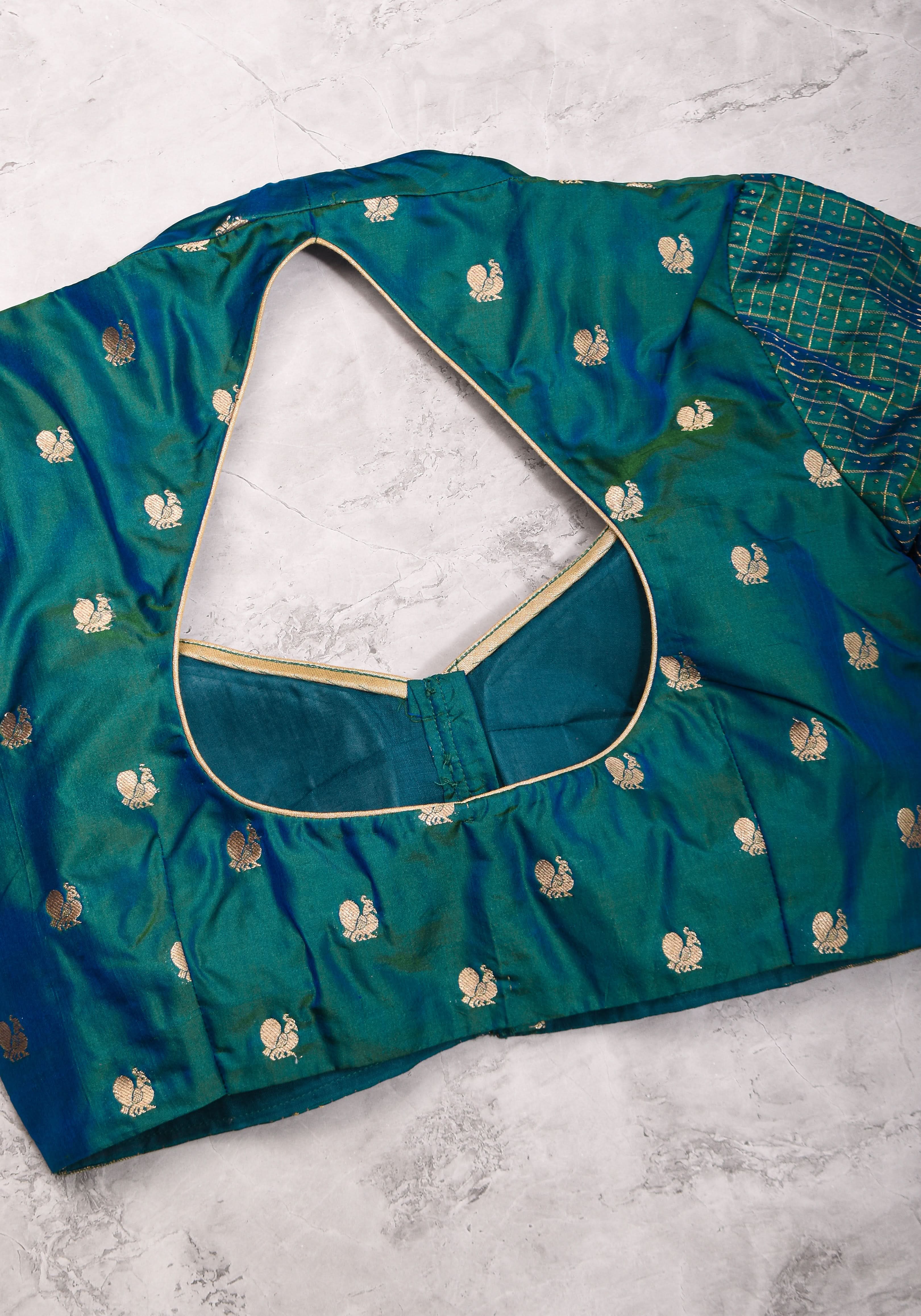 Pure Kanjivaram Silk Peacock Butti and checks Matka Neck Mix and Match Blouse for saree, Made to Order | Shobitam