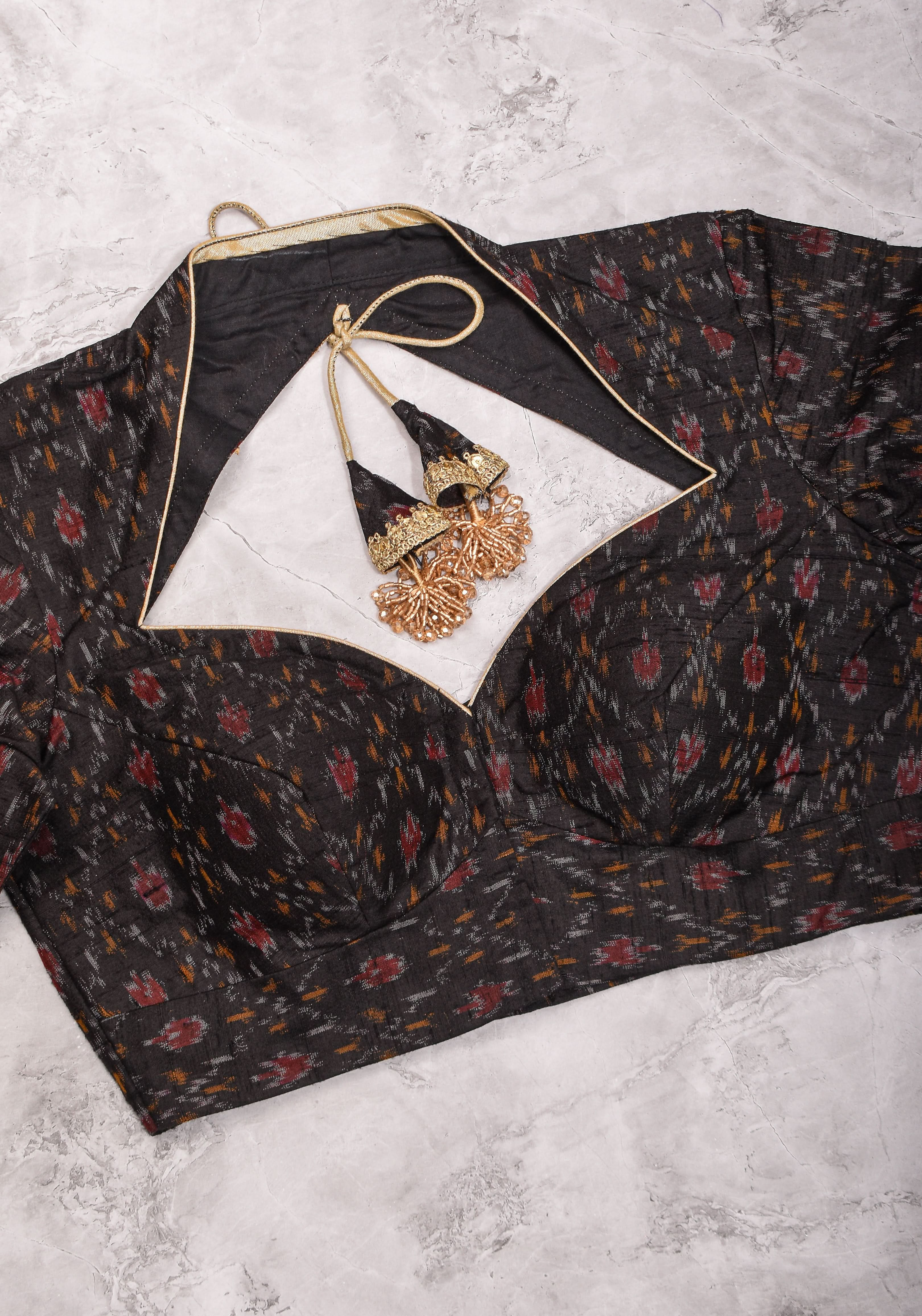 Black Pure Raw Silk Ikkat Weave blouse with Sweetheart neck,3/4 sleeves and gotta detailing, Made to Order | Shobitam