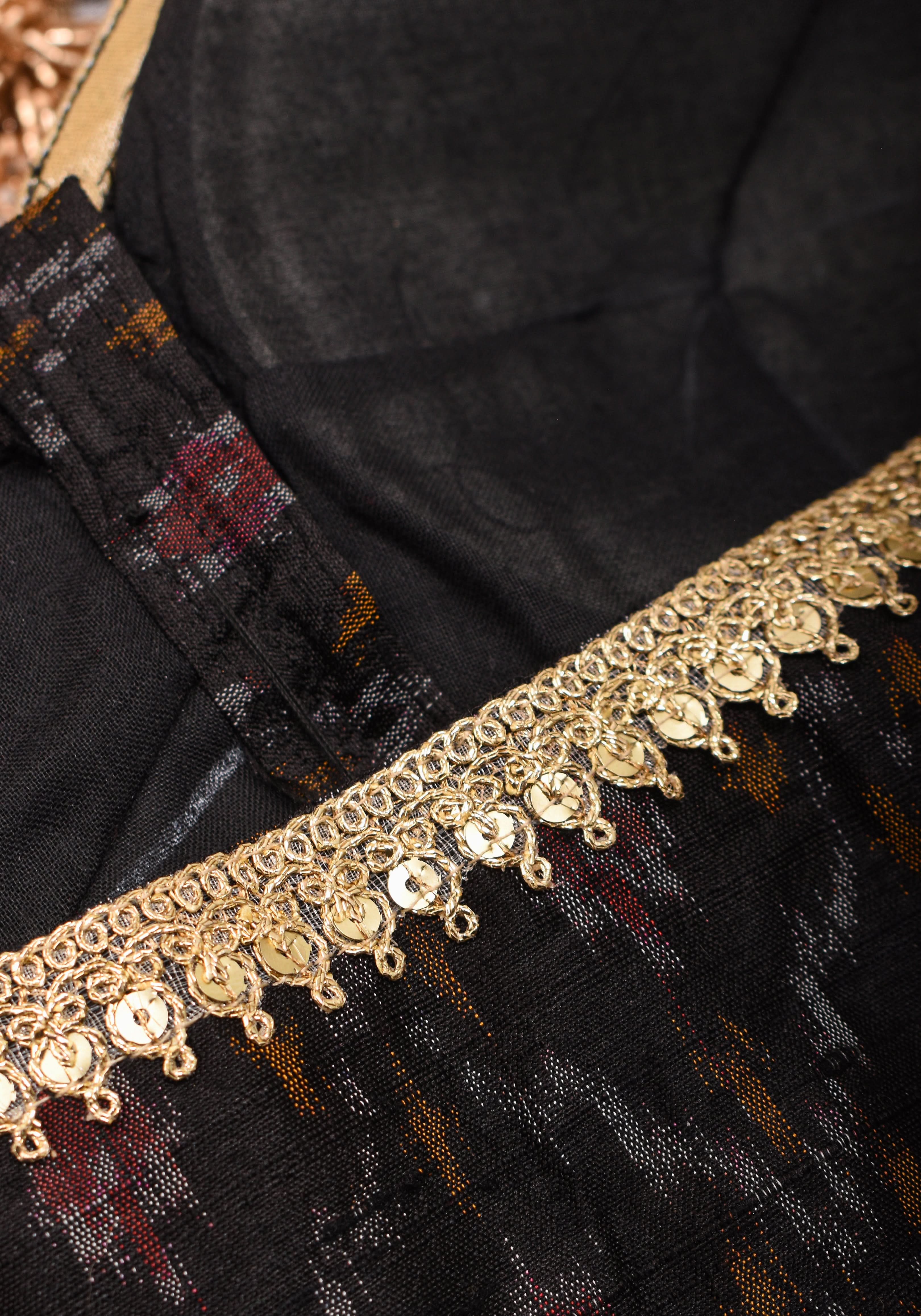 Black Pure Raw Silk Ikkat Weave blouse with Sweetheart neck,3/4 sleeves and gotta detailing, Made to Order | Shobitam