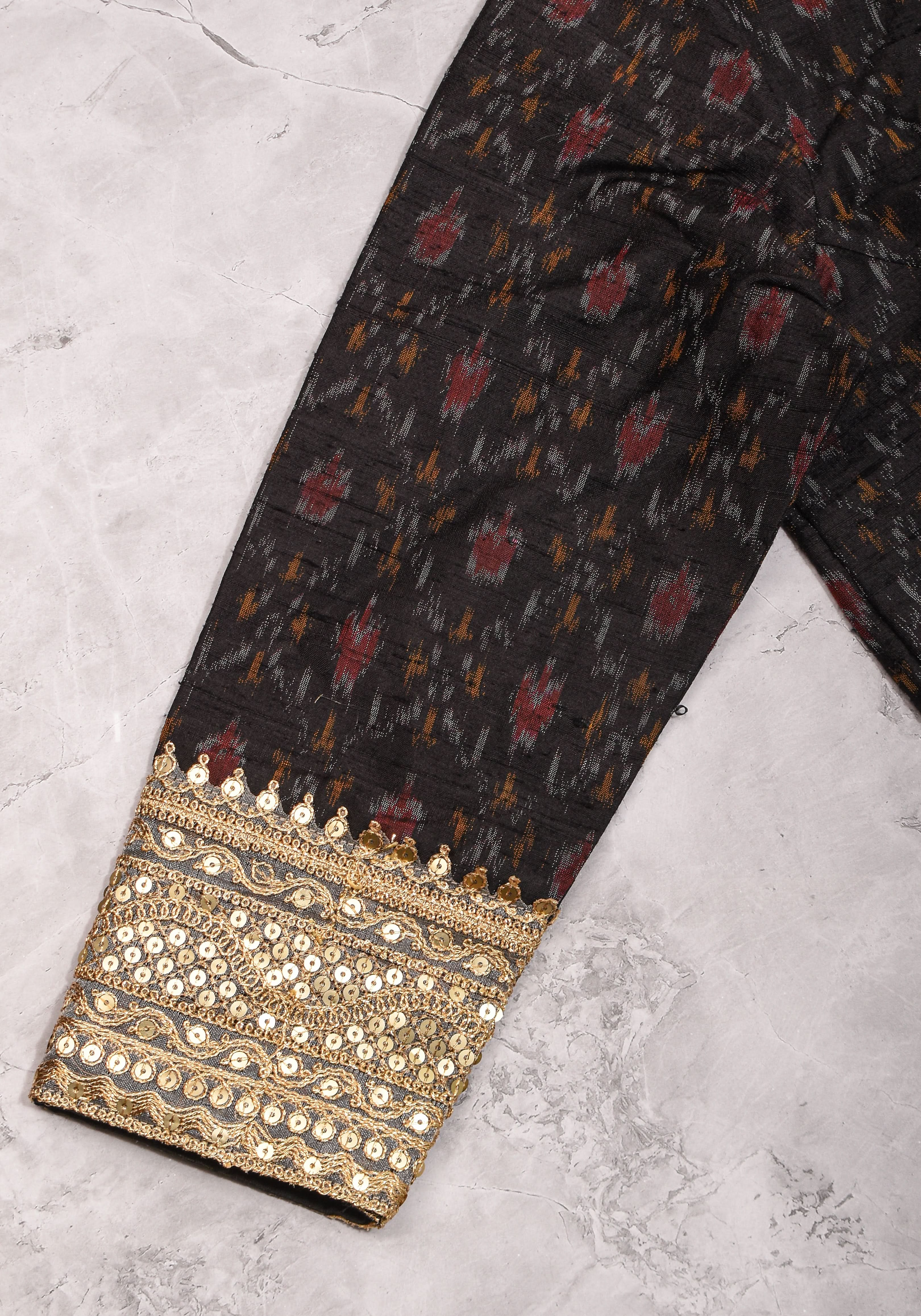 Black Pure Raw Silk Ikkat Weave blouse with Sweetheart neck,3/4 sleeves and gotta detailing, Made to Order | Shobitam