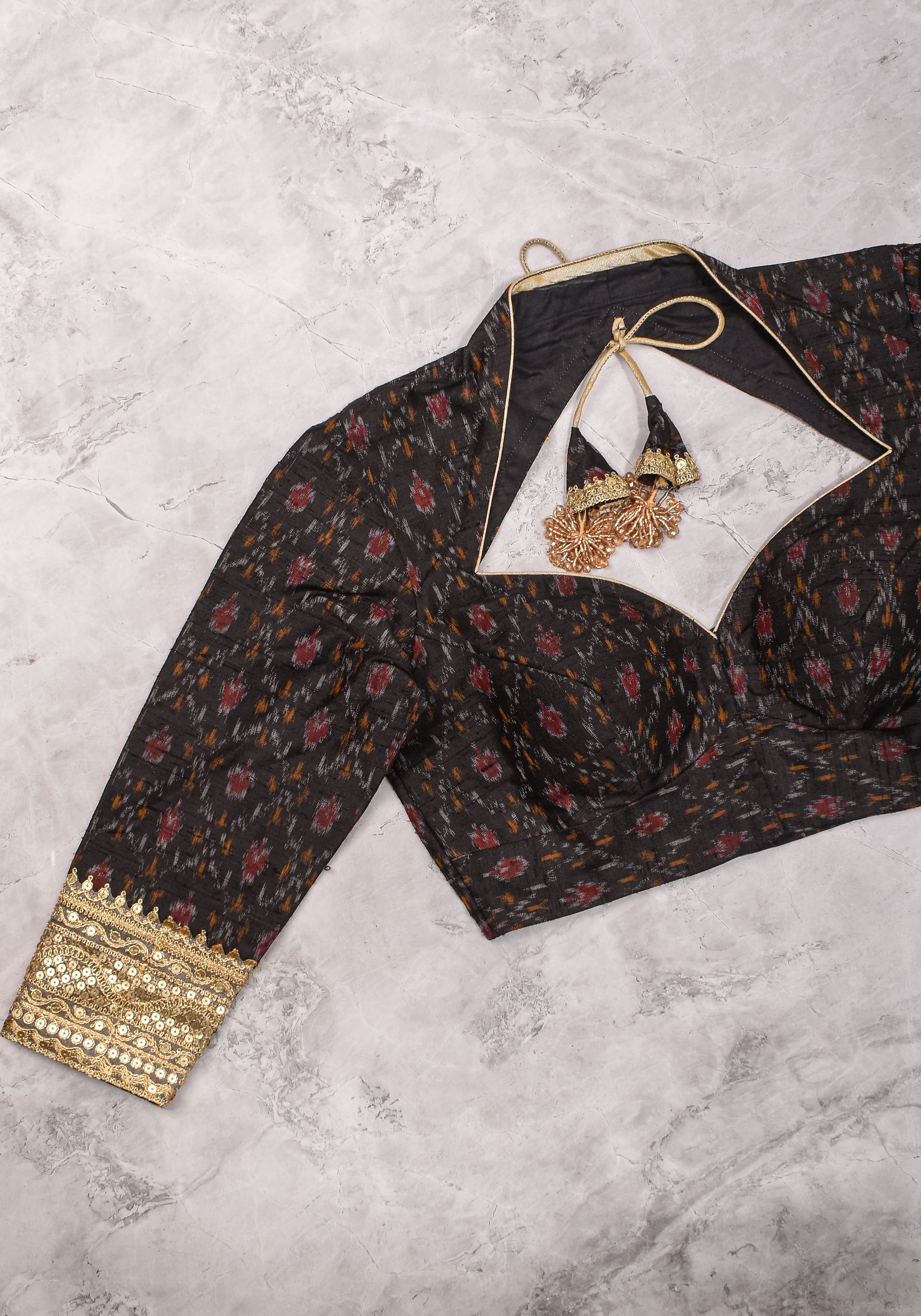 Black Pure Raw Silk Ikkat Weave blouse with Sweetheart neck,3/4 sleeves and gotta detailing, Made to Order | Shobitam