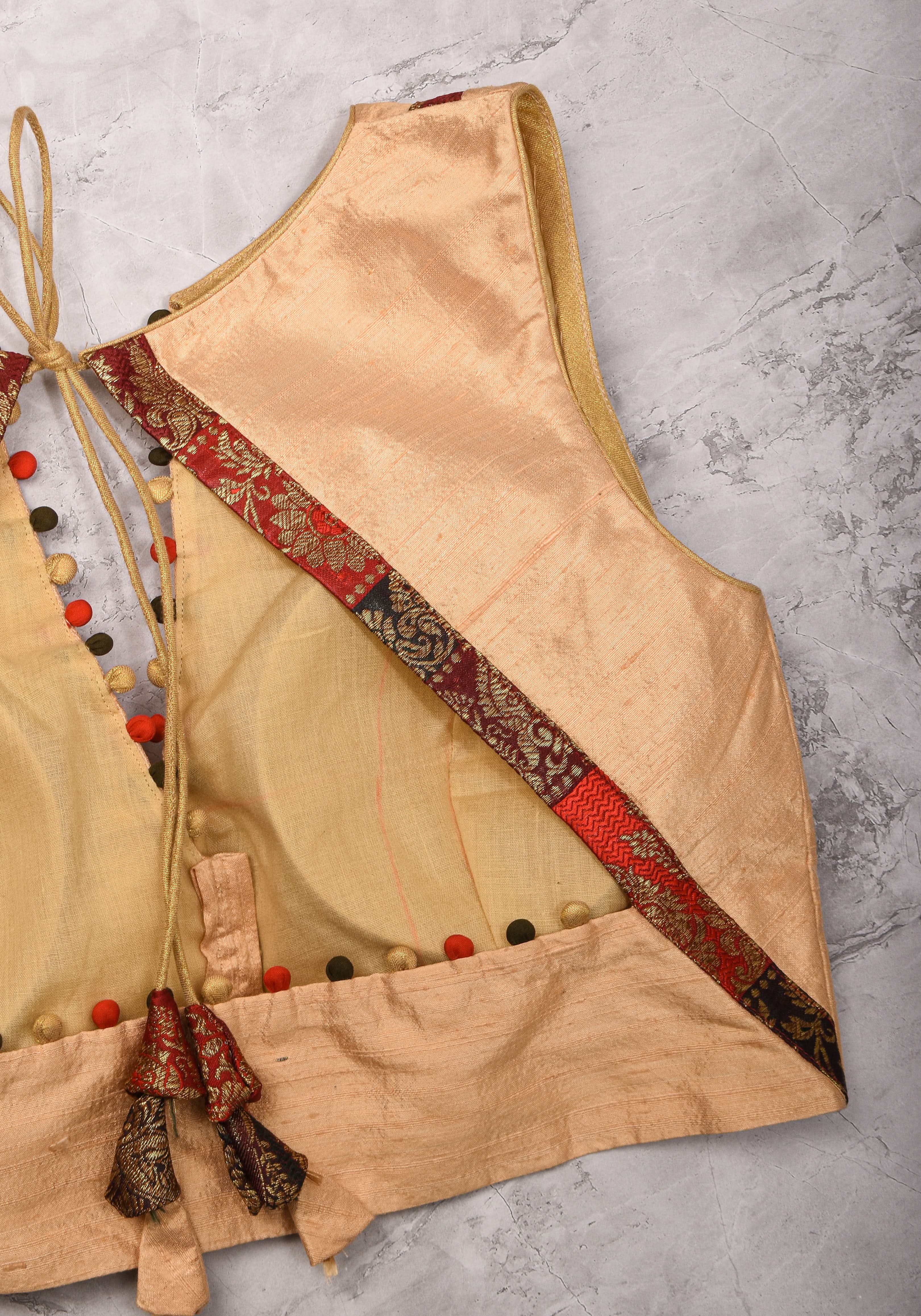 Ivory pure Raw silk blouse with Banarasi trim and potli button detailing, sleeve option available, Made to Order | Shobitam
