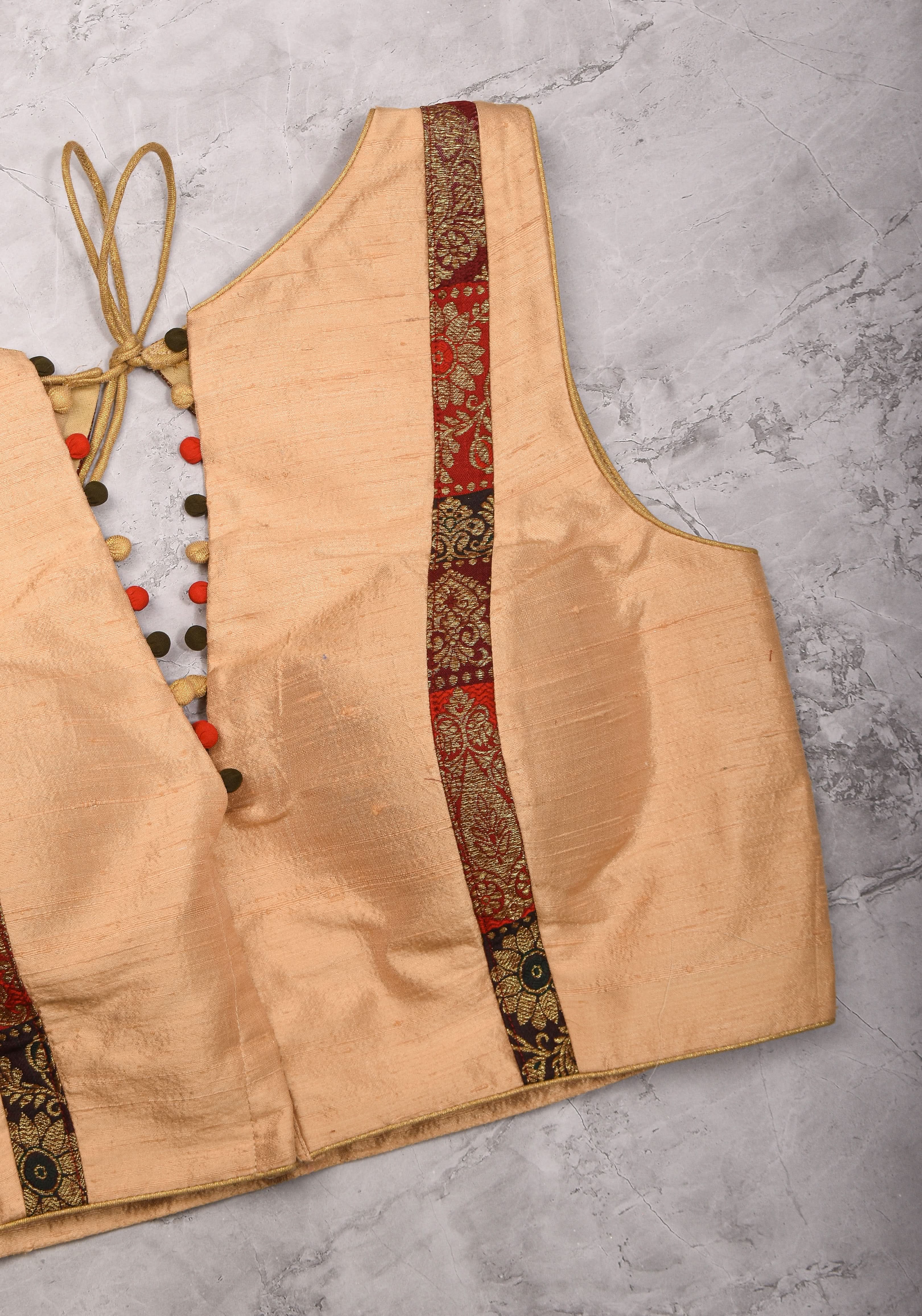 Ivory pure Raw silk blouse with Banarasi trim and potli button detailing, sleeve option available, Made to Order | Shobitam