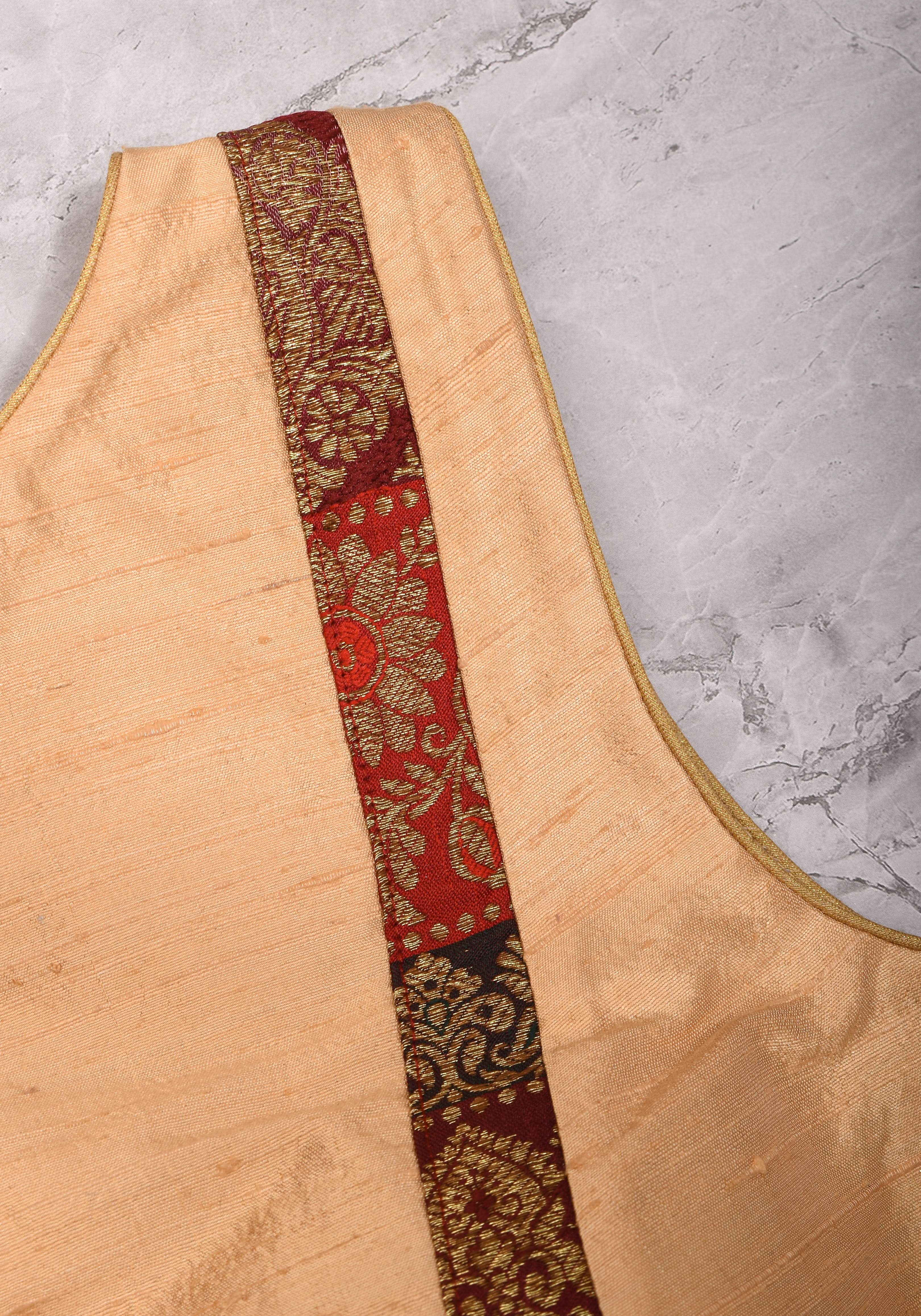 Ivory pure Raw silk blouse with Banarasi trim and potli button detailing, sleeve option available, Made to Order | Shobitam