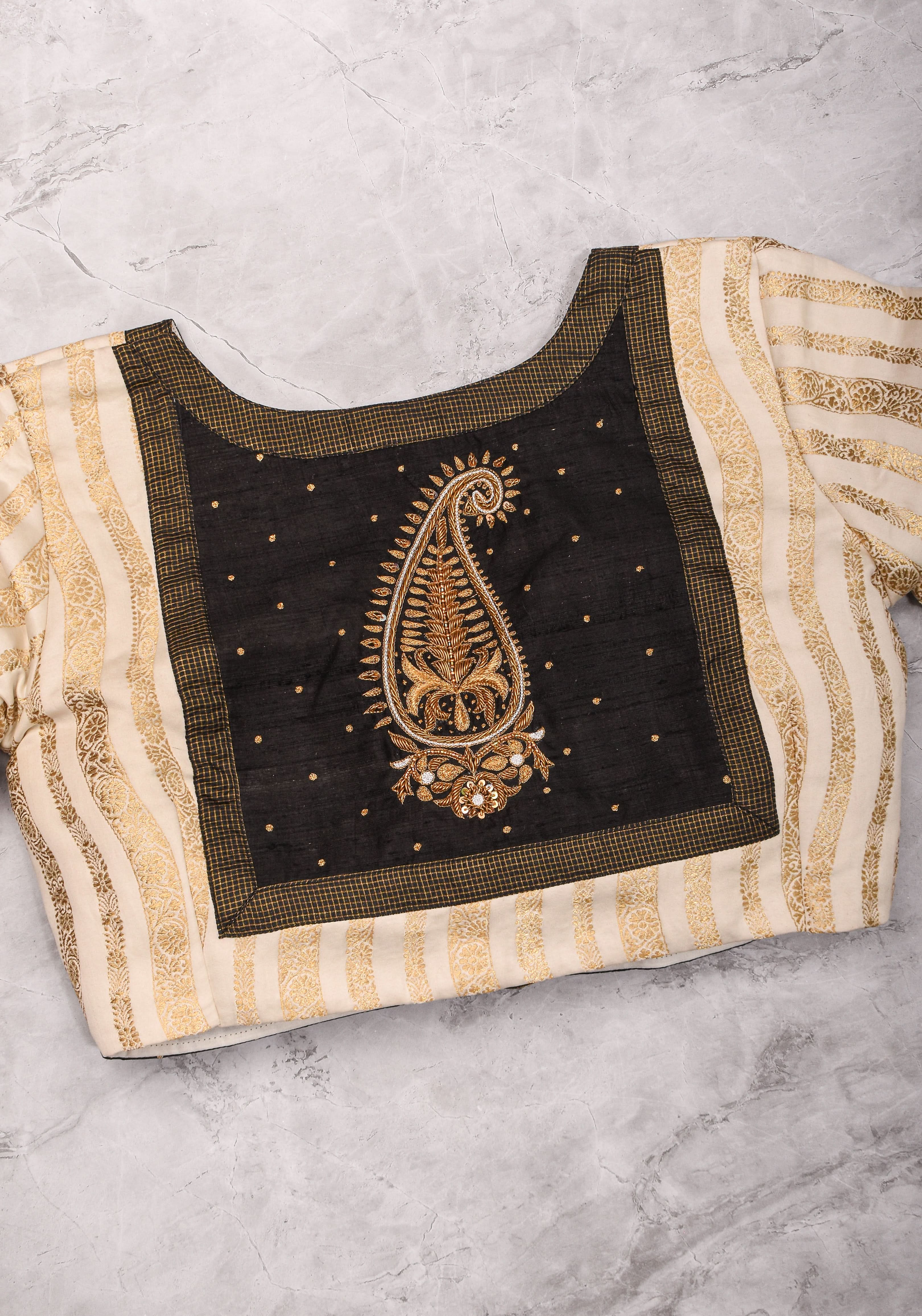 Ivory and Black Bandgala & Full sleeves blouse with Paisley Zardosi Hand embroidery, Made to Order | Shobitam