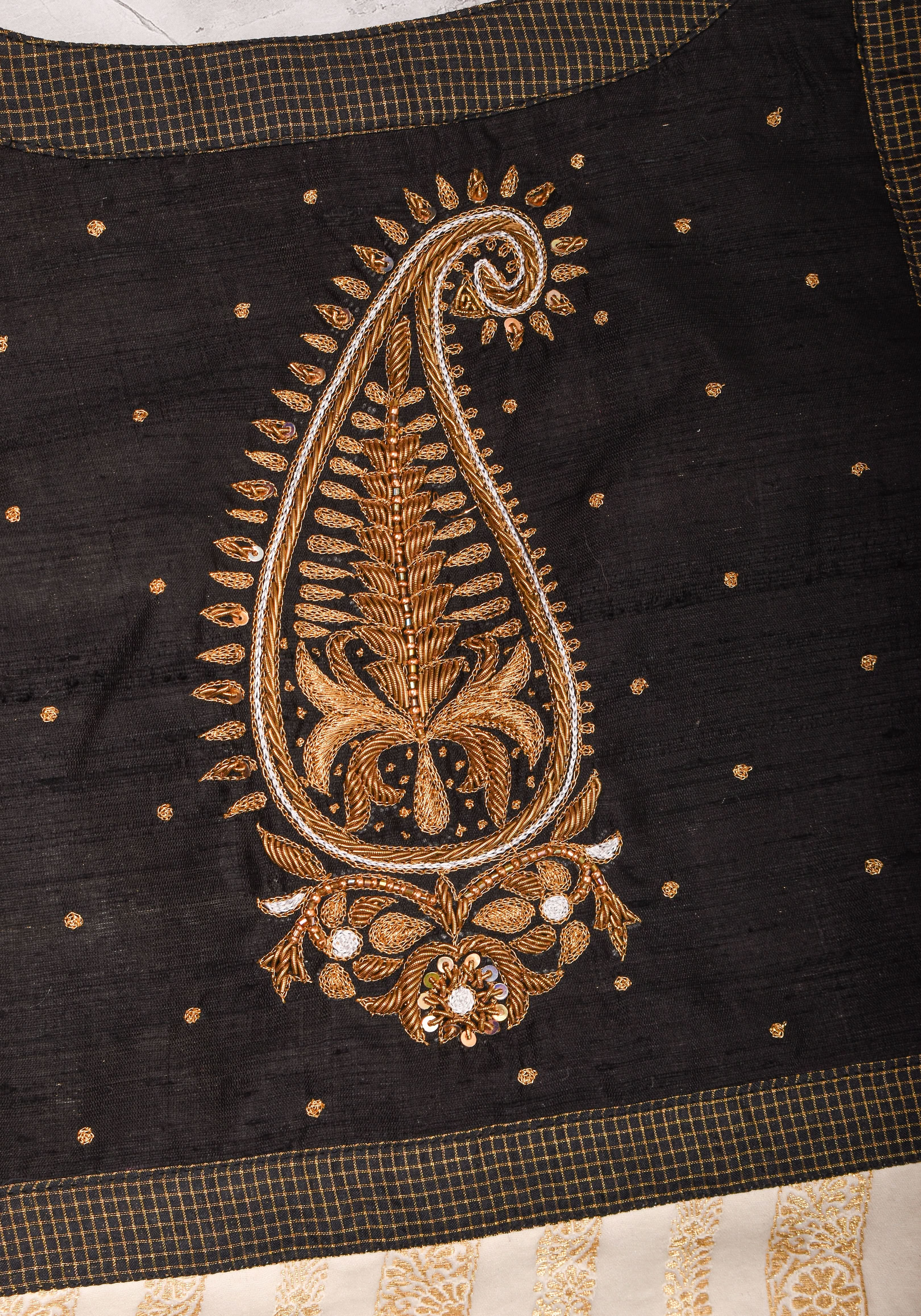 Ivory and Black Bandgala & Full sleeves blouse with Paisley Zardosi Hand embroidery, Made to Order | Shobitam