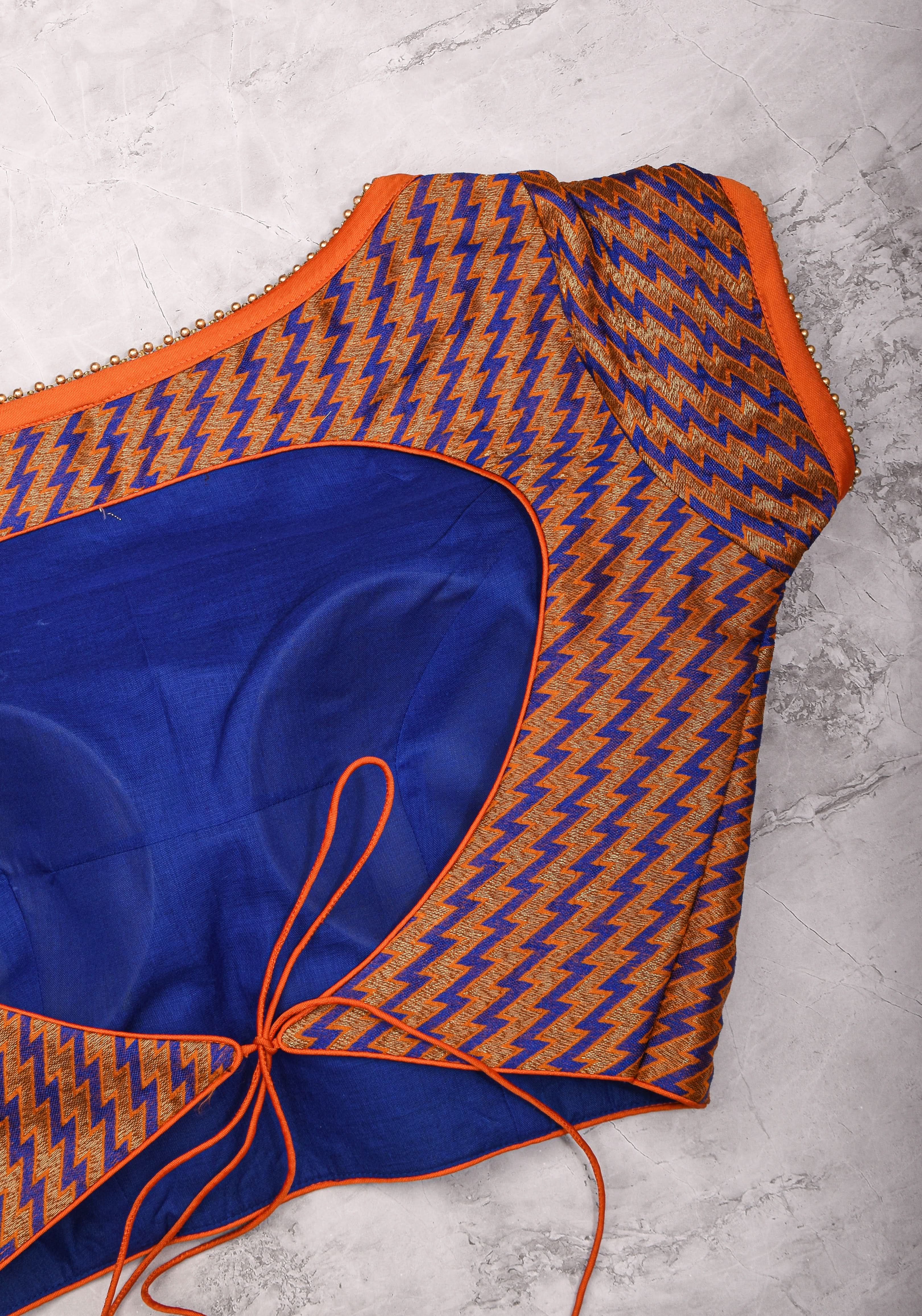 Purple Orange Jacquard brocade boat neck blouse with back detailing, Made to Order | Shobitam