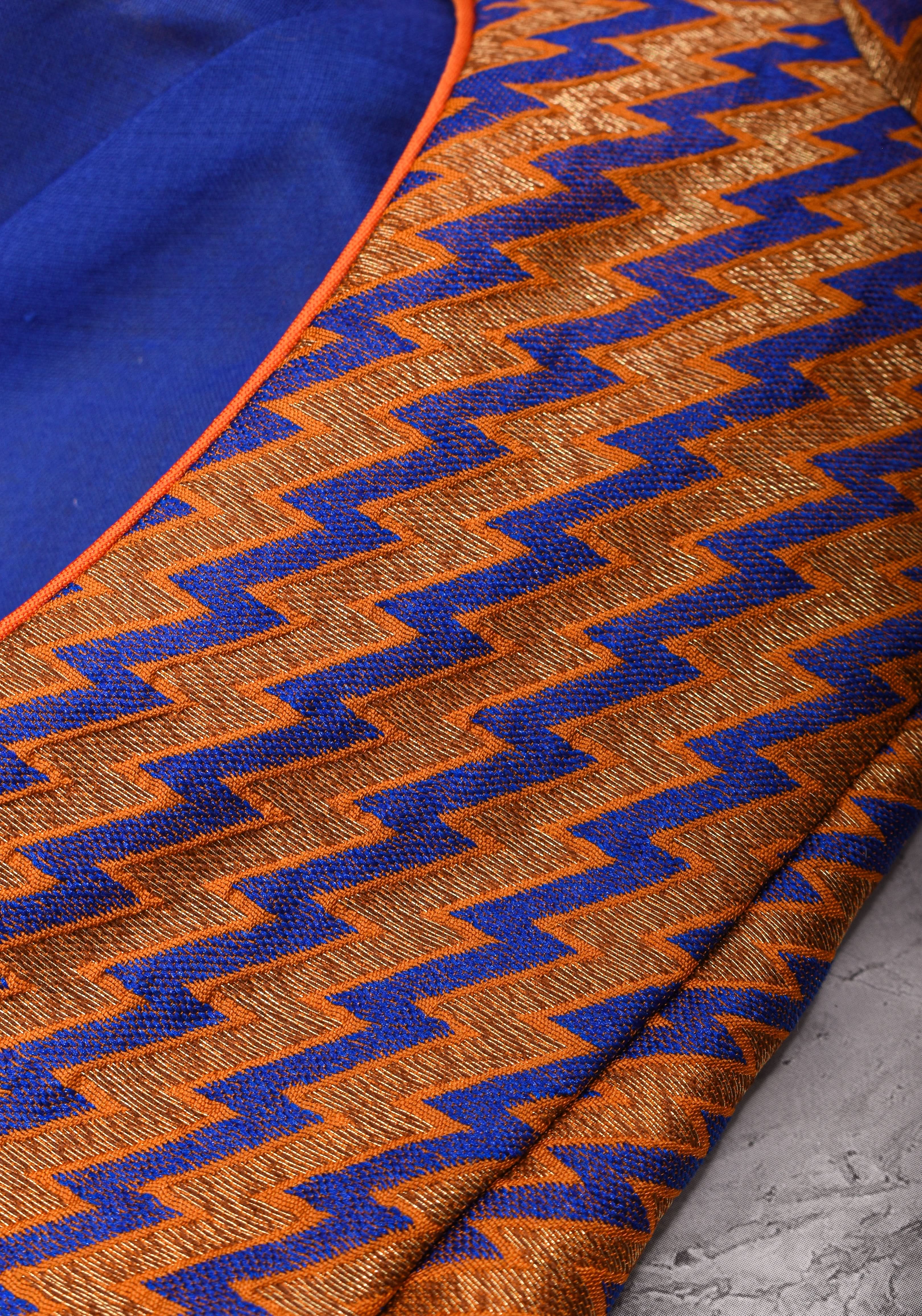 Purple Orange Jacquard brocade boat neck blouse with back detailing, Made to Order | Shobitam