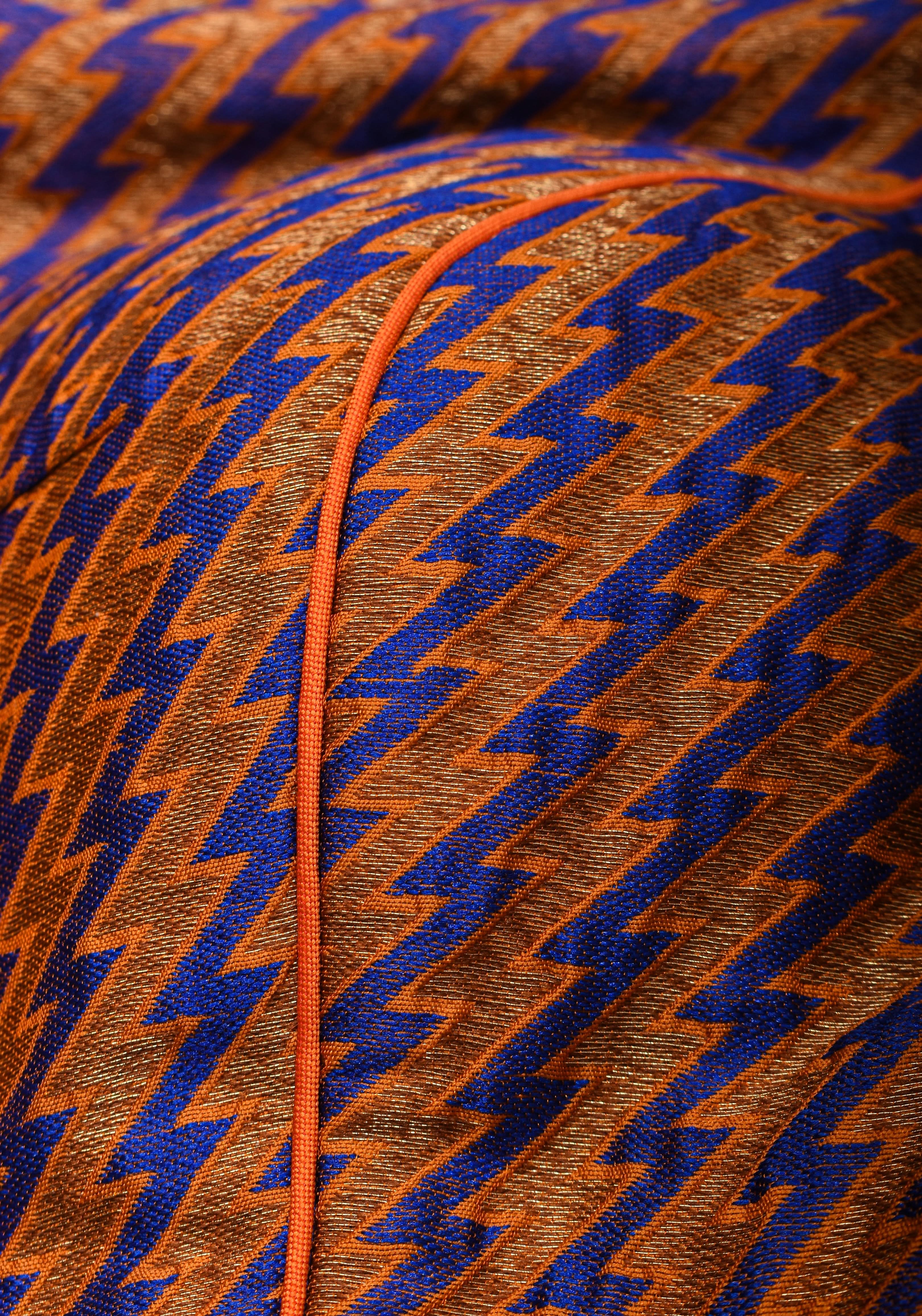 Purple Orange Jacquard brocade boat neck blouse with back detailing, Made to Order | Shobitam