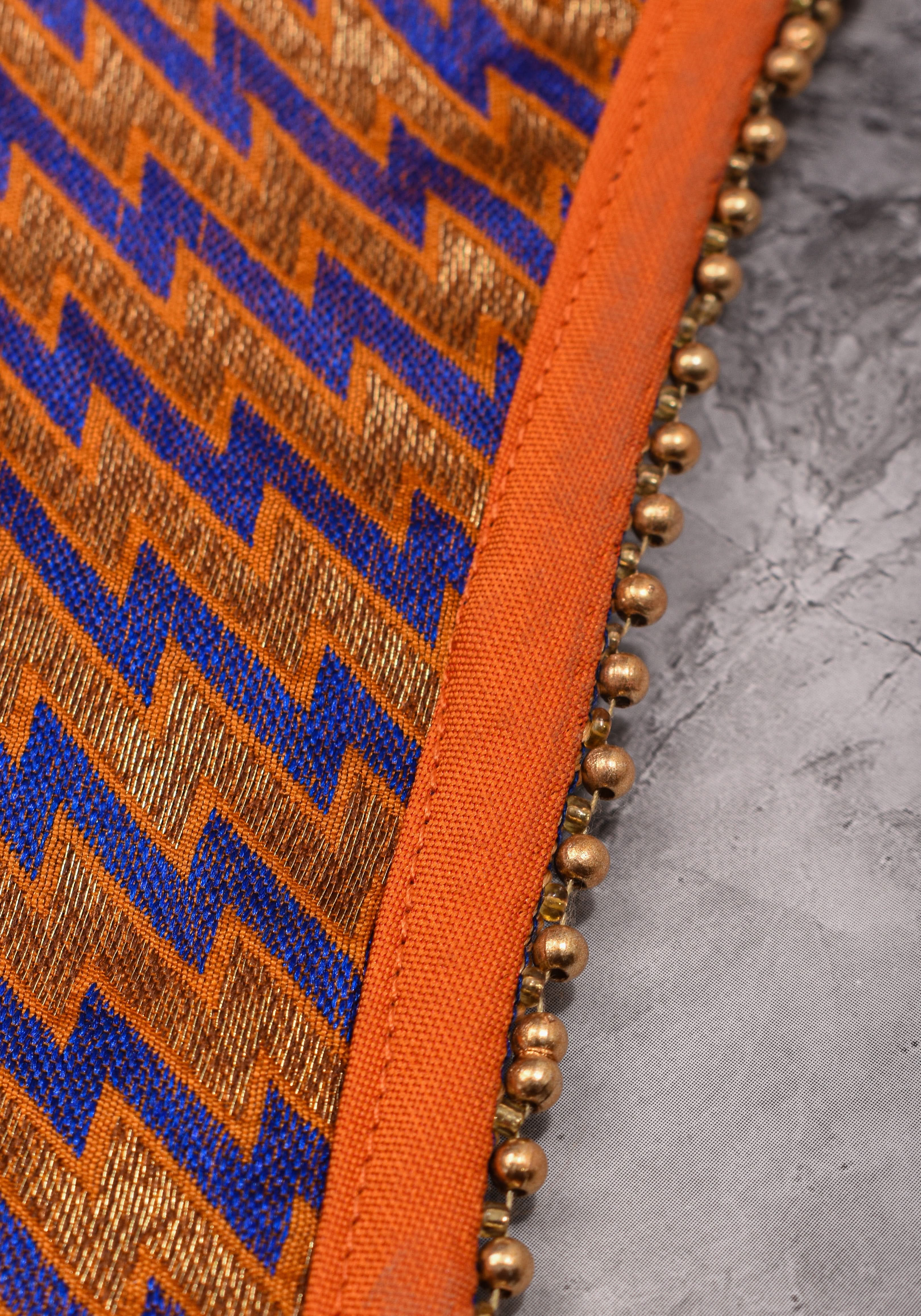 Purple Orange Jacquard brocade boat neck blouse with back detailing, Made to Order | Shobitam