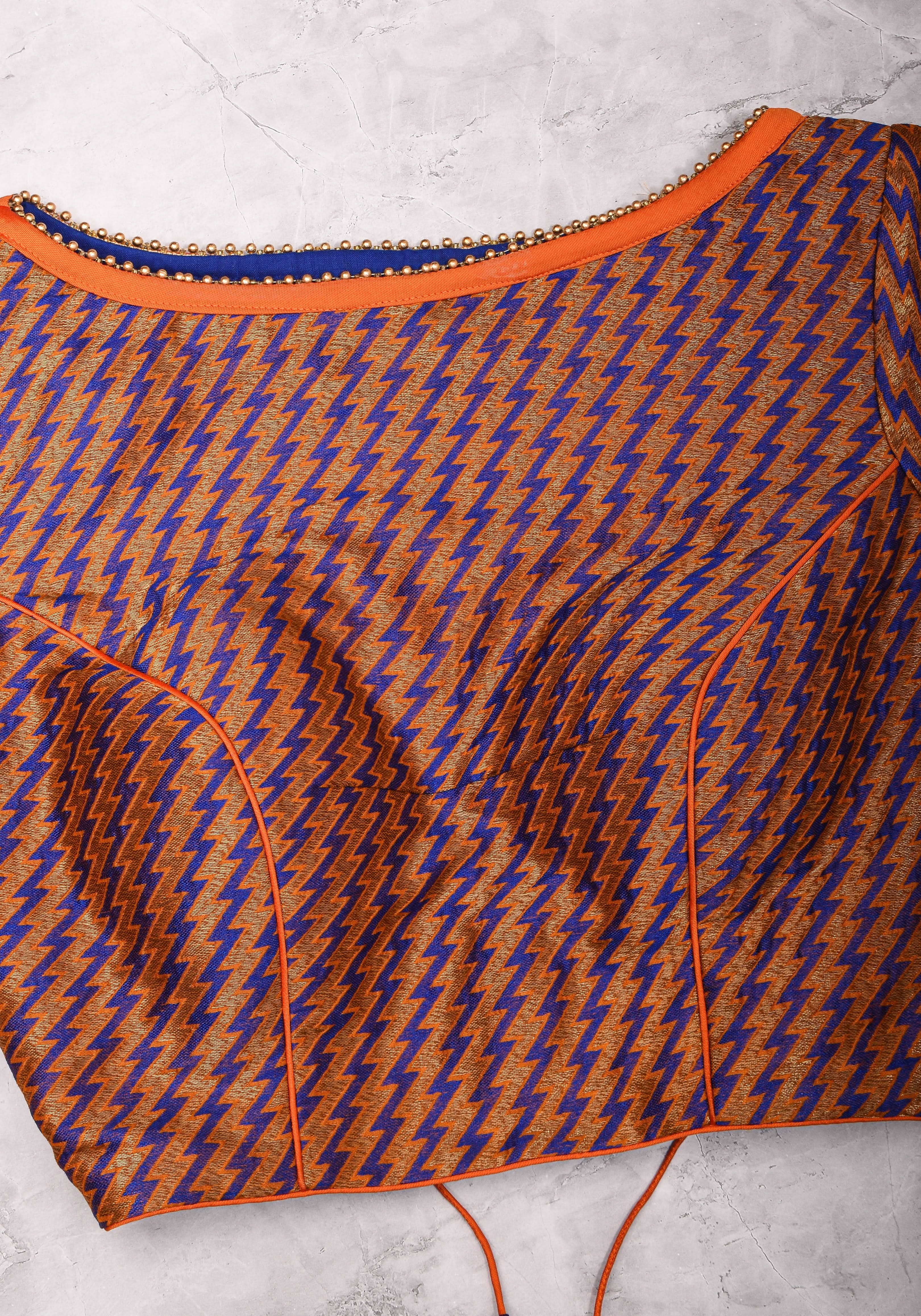 Purple Orange Jacquard brocade boat neck blouse with back detailing, Made to Order | Shobitam