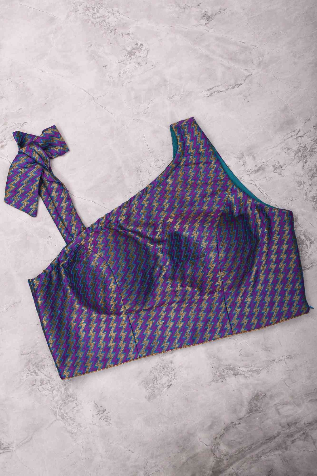Purple Blue jacquard one shoulder blouse crop top, Made to Order