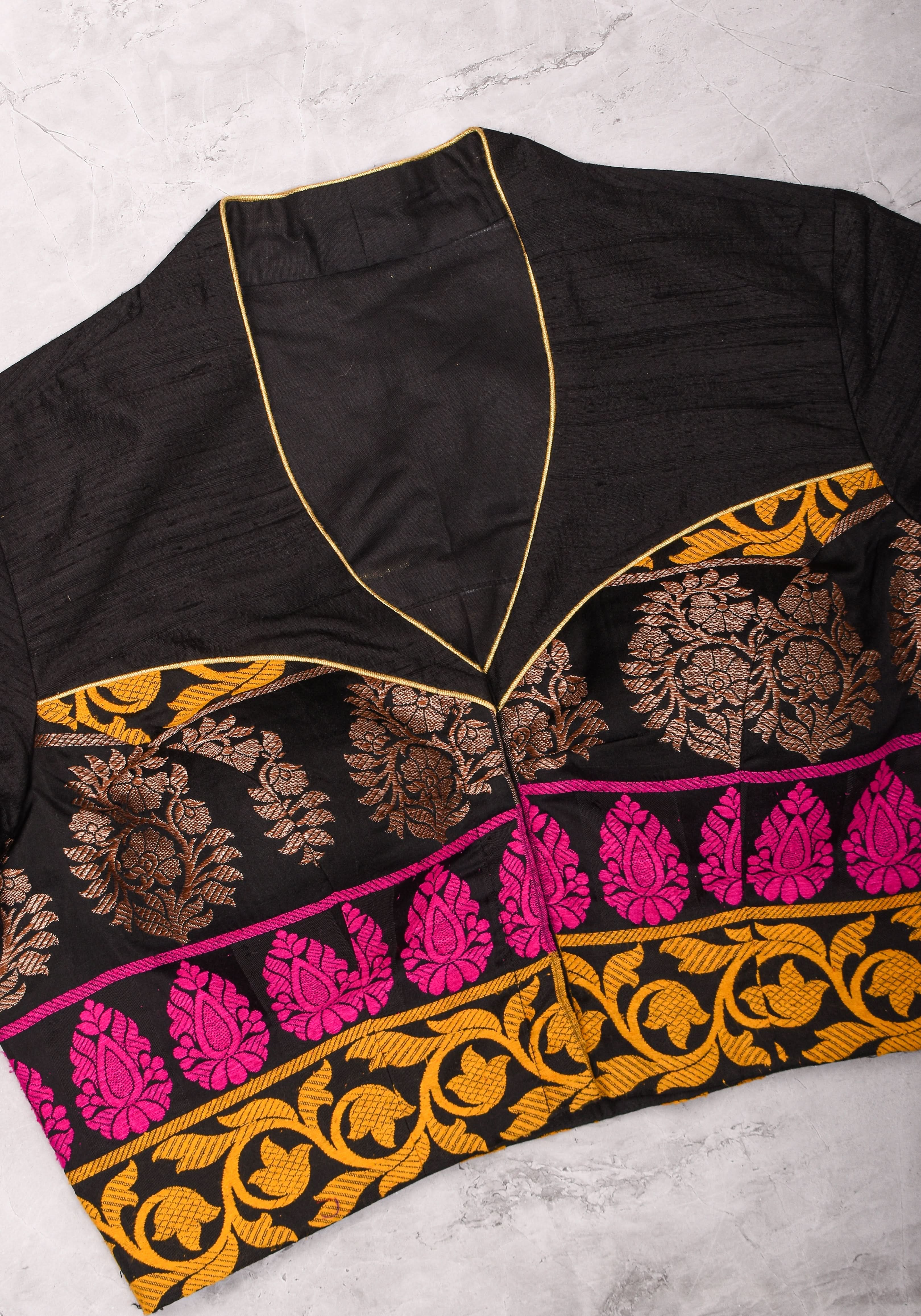 Black Pure Raw Silk with Meenakari Brocade Border V Neck Blouse, Made to Order | Shobitam