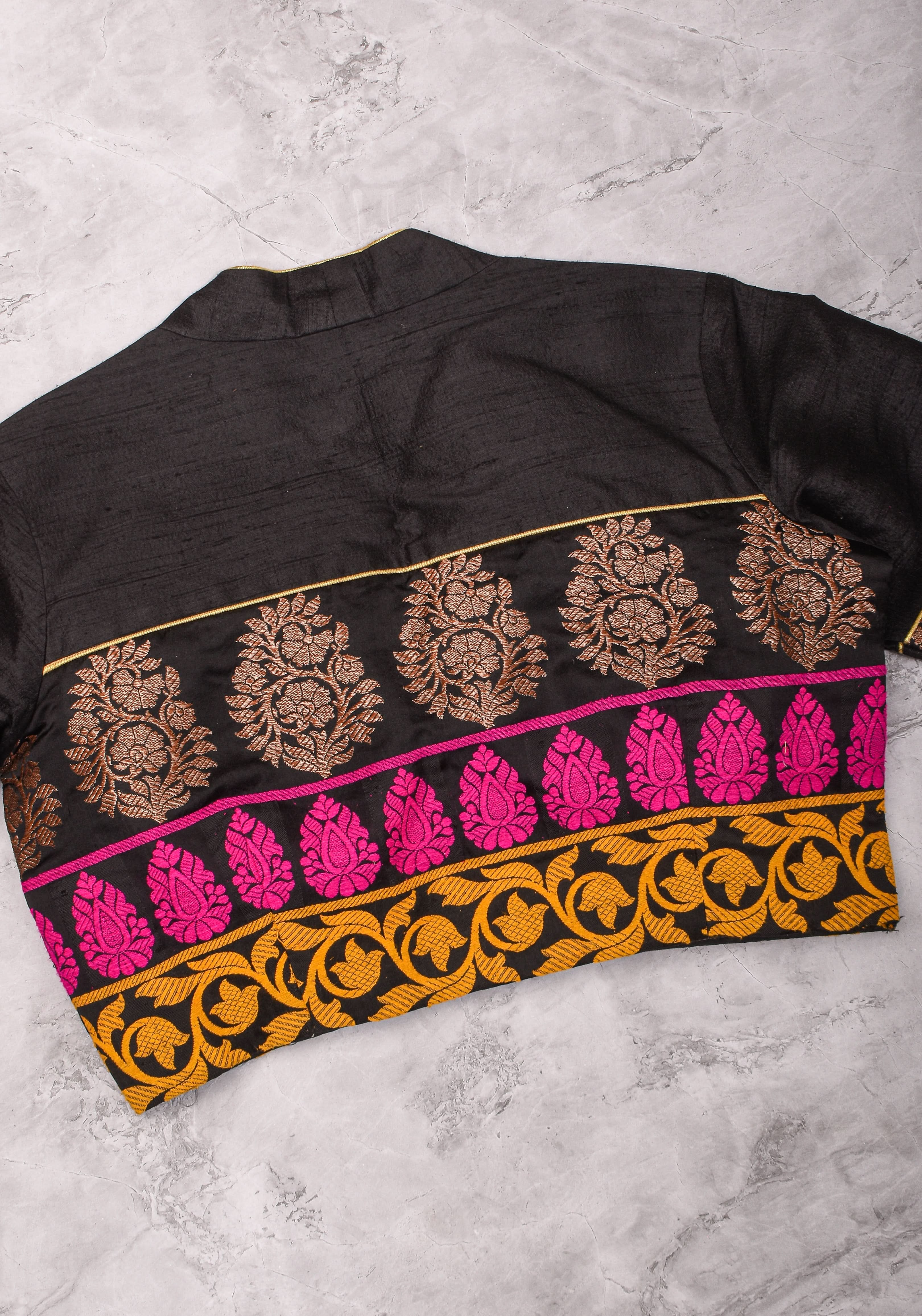 Black Pure Raw Silk with Meenakari Brocade Border V Neck Blouse, Made to Order | Shobitam