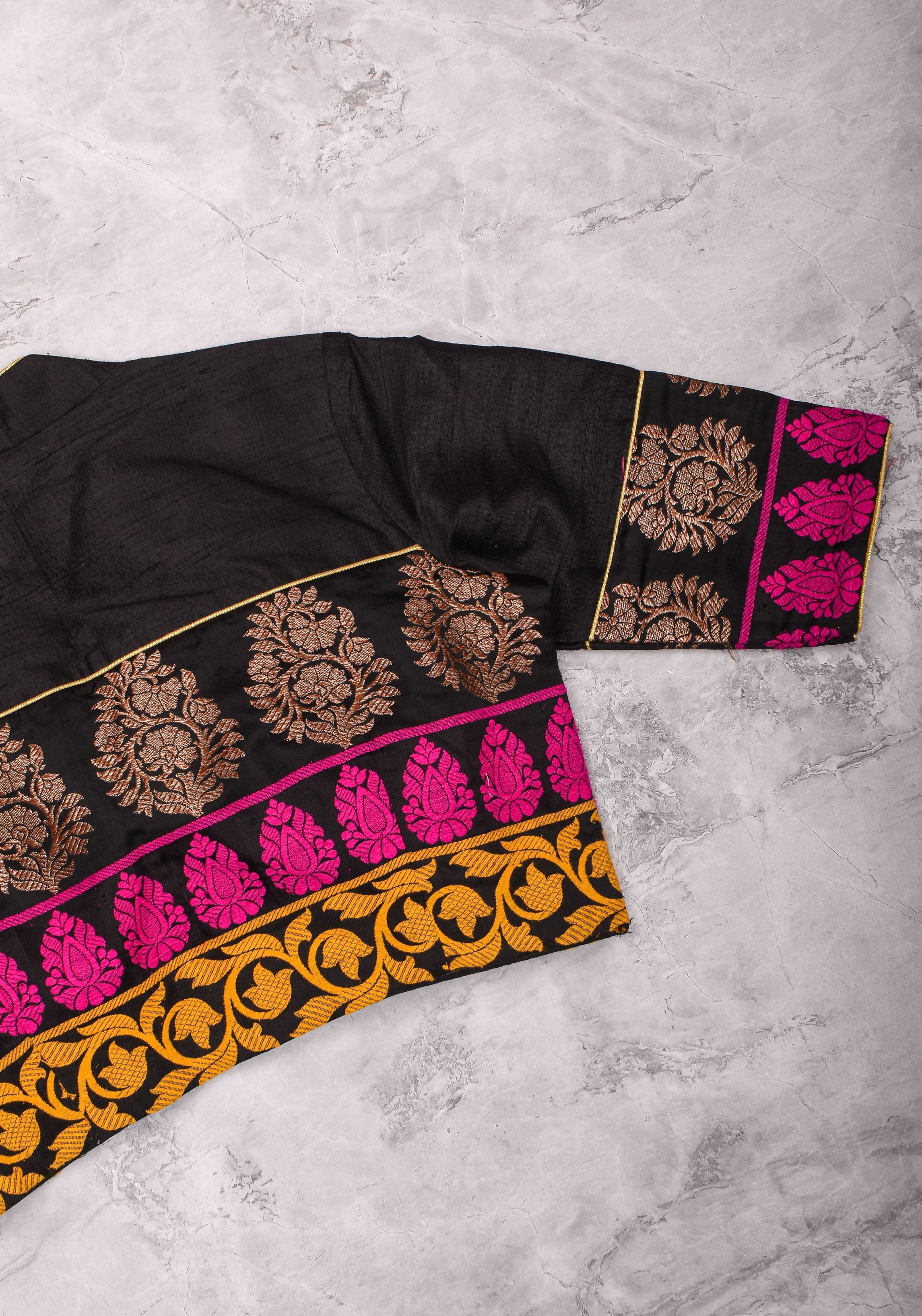 Black Pure Raw Silk with Meenakari Brocade Border V Neck Blouse, Made to Order | Shobitam