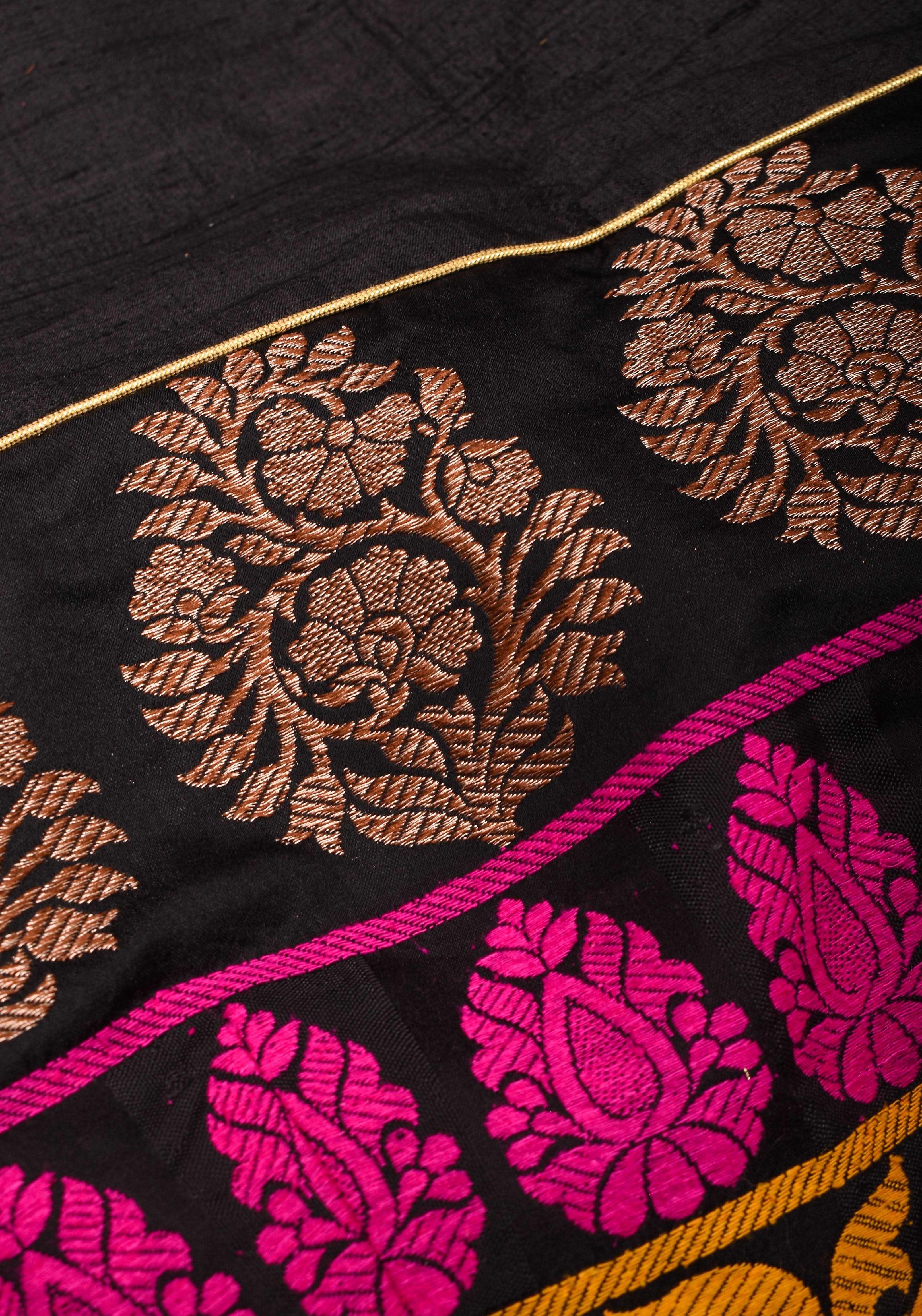 Black Pure Raw Silk with Meenakari Brocade Border V Neck Blouse, Made to Order | Shobitam