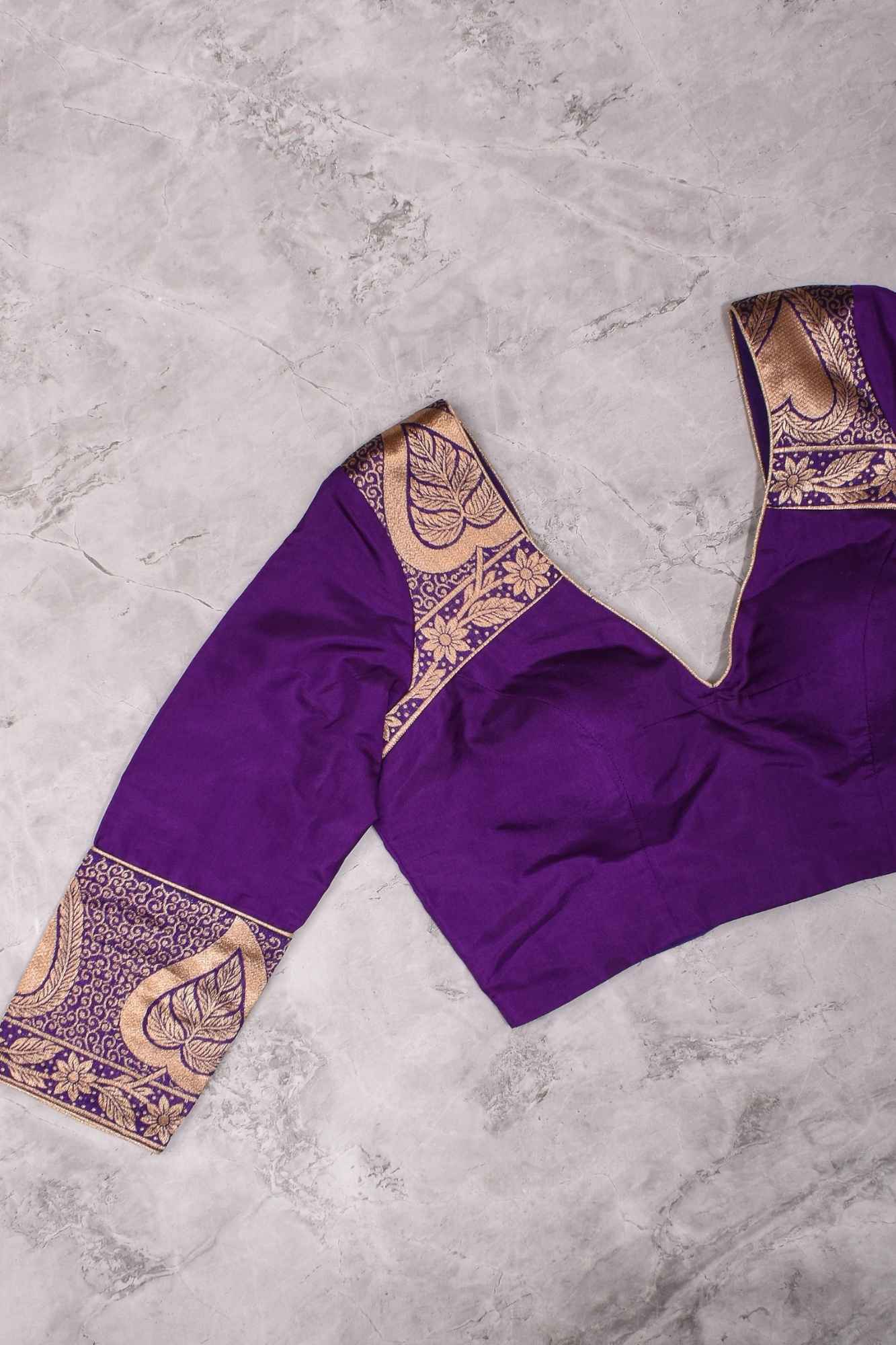 Purple silk & brocade V neck blouse with 3/4th sleeves, Made to Order