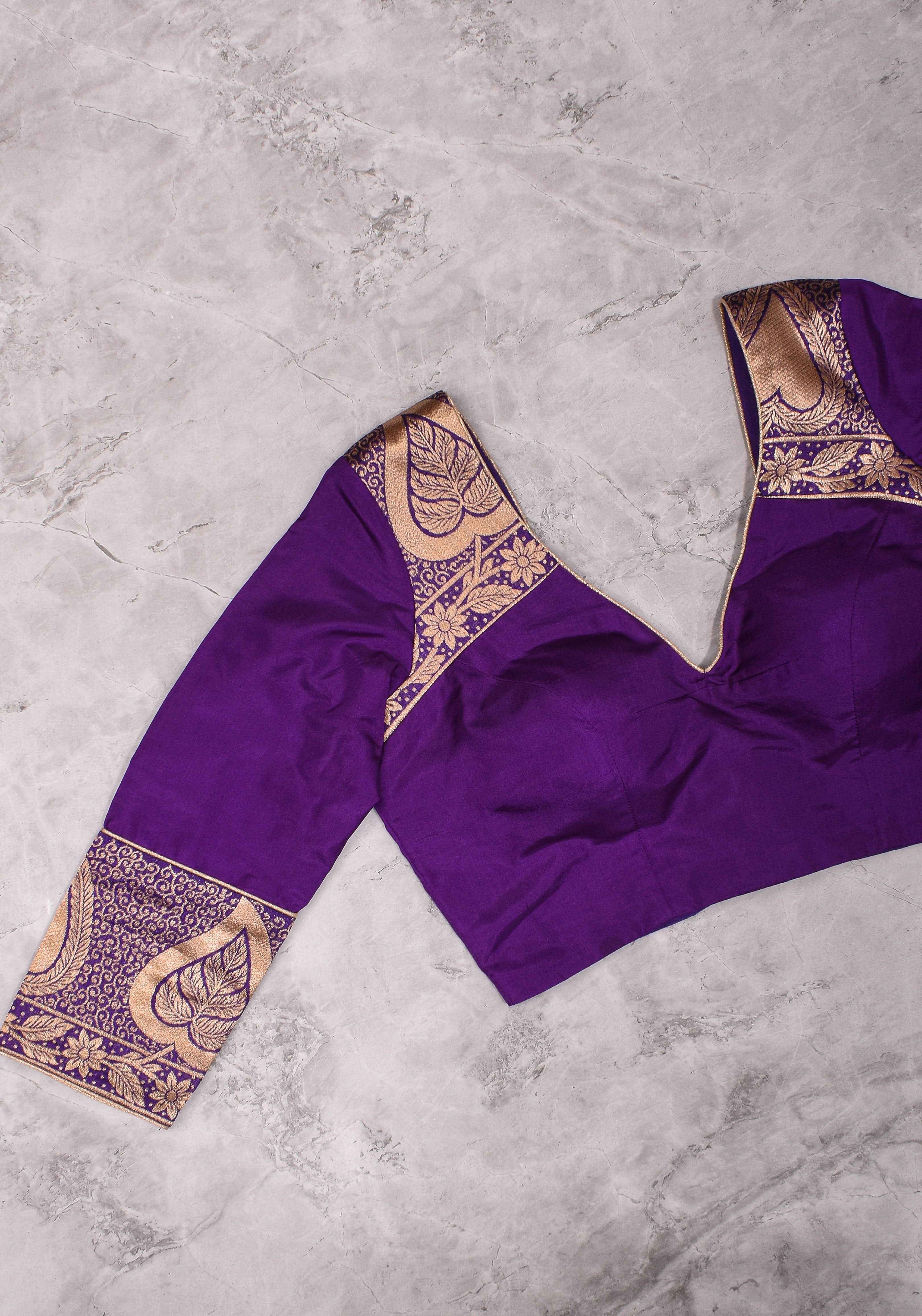 Purple silk & brocade V neck blouse with 3/4th sleeves, Made to Order | Shobitam