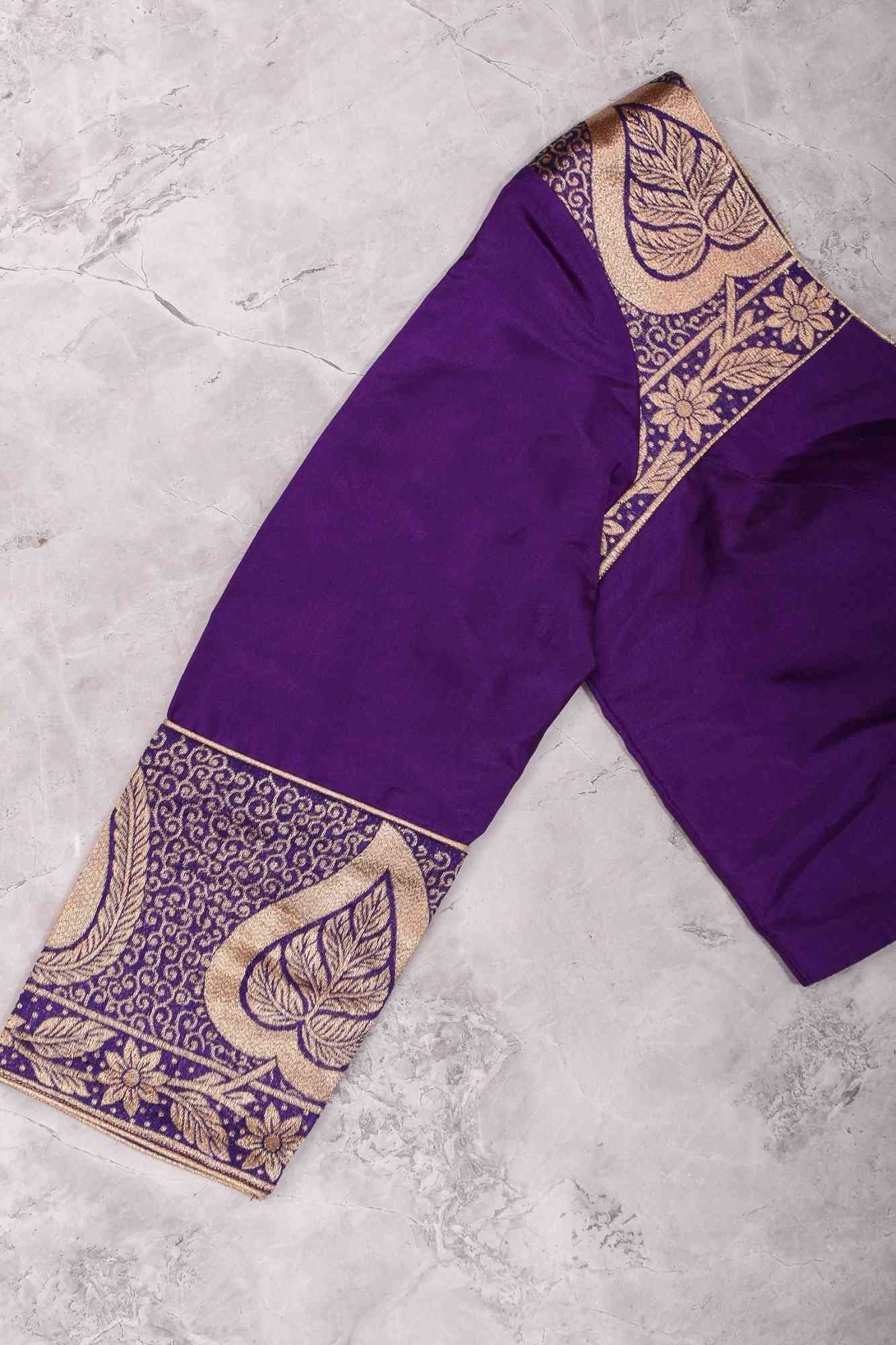 Purple silk & brocade V neck blouse with 3/4th sleeves, Made to Order