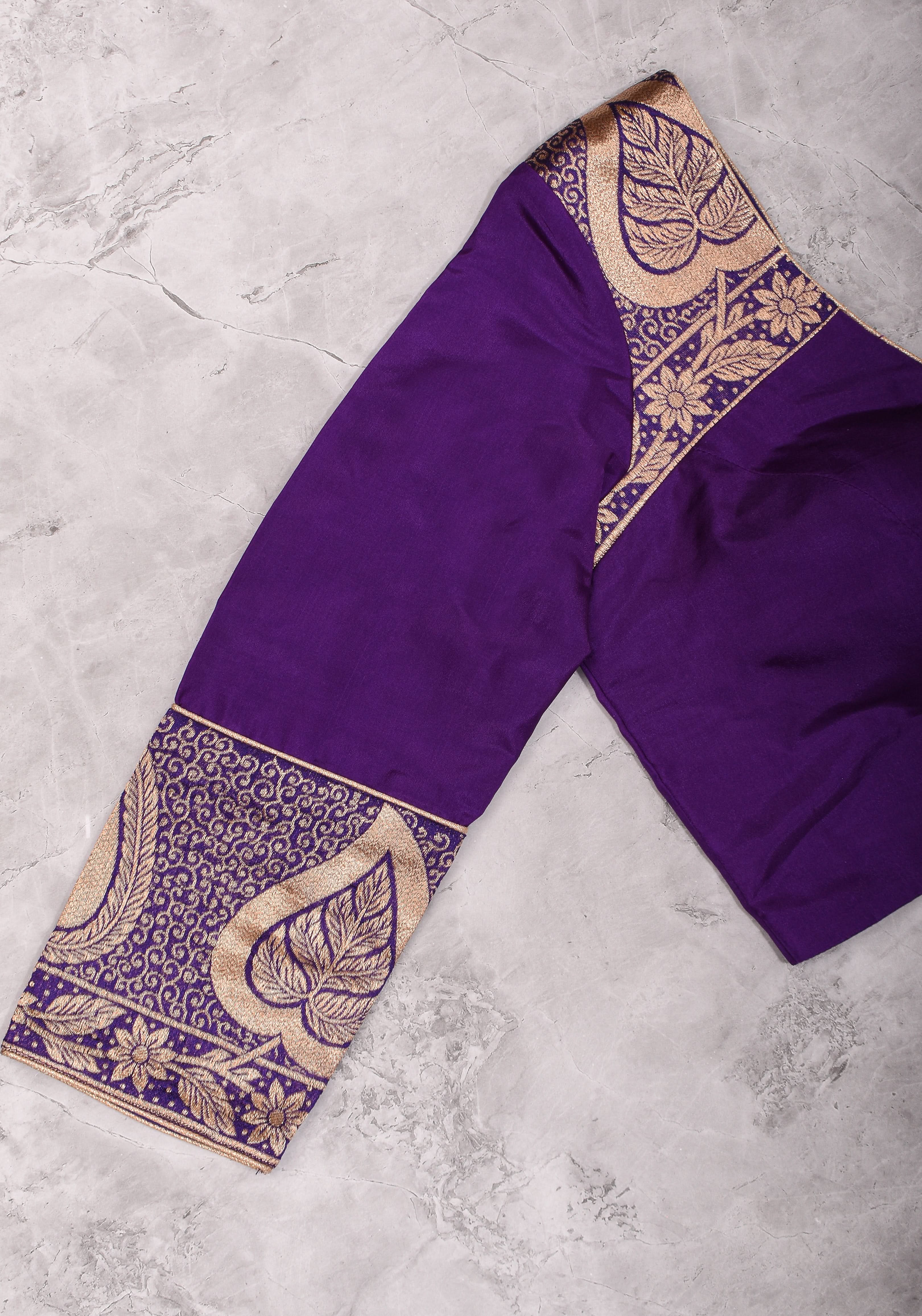 Purple silk & brocade V neck blouse with 3/4th sleeves, Made to Order | Shobitam