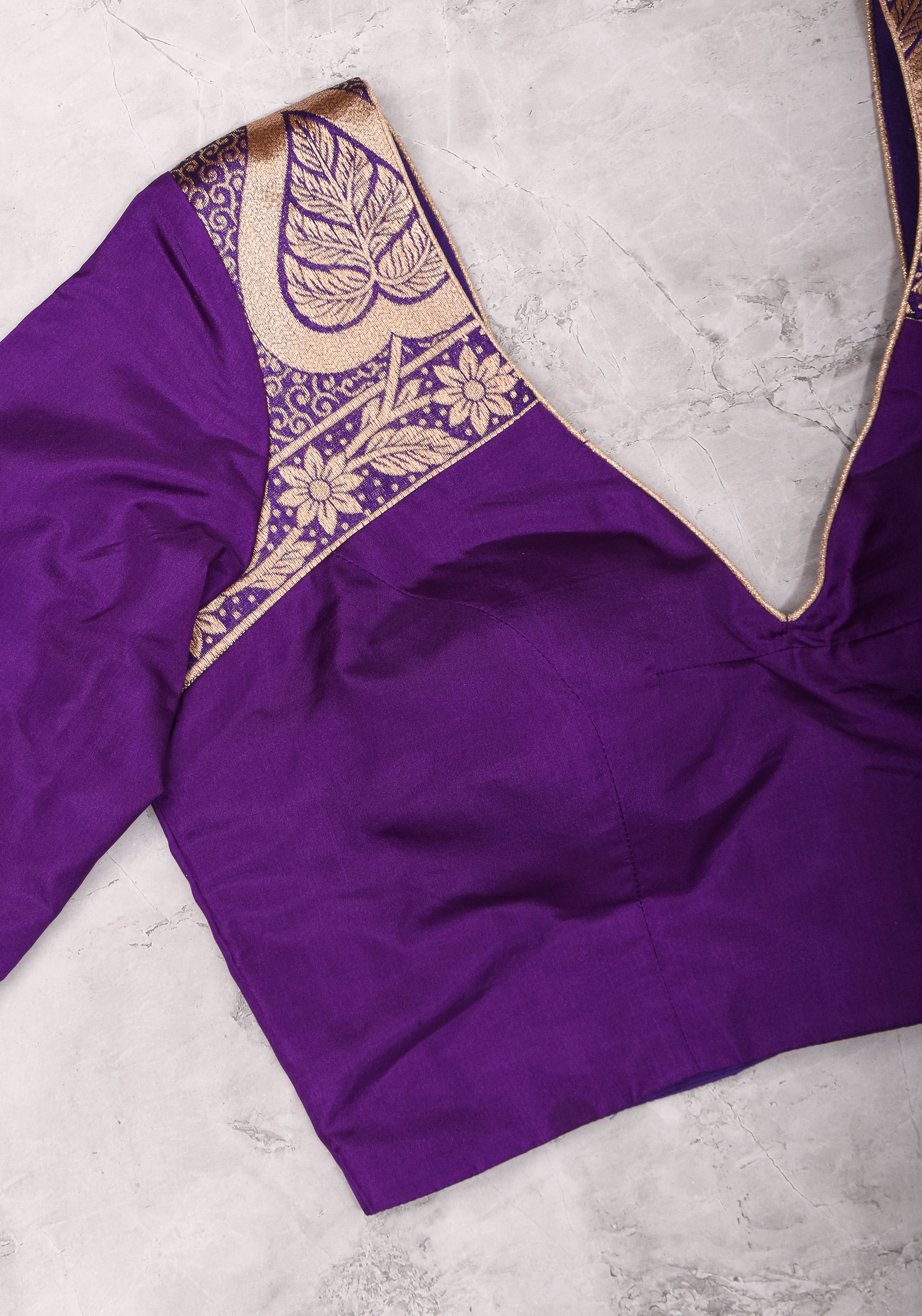 Purple silk & brocade V neck blouse with 3/4th sleeves, Made to Order | Shobitam