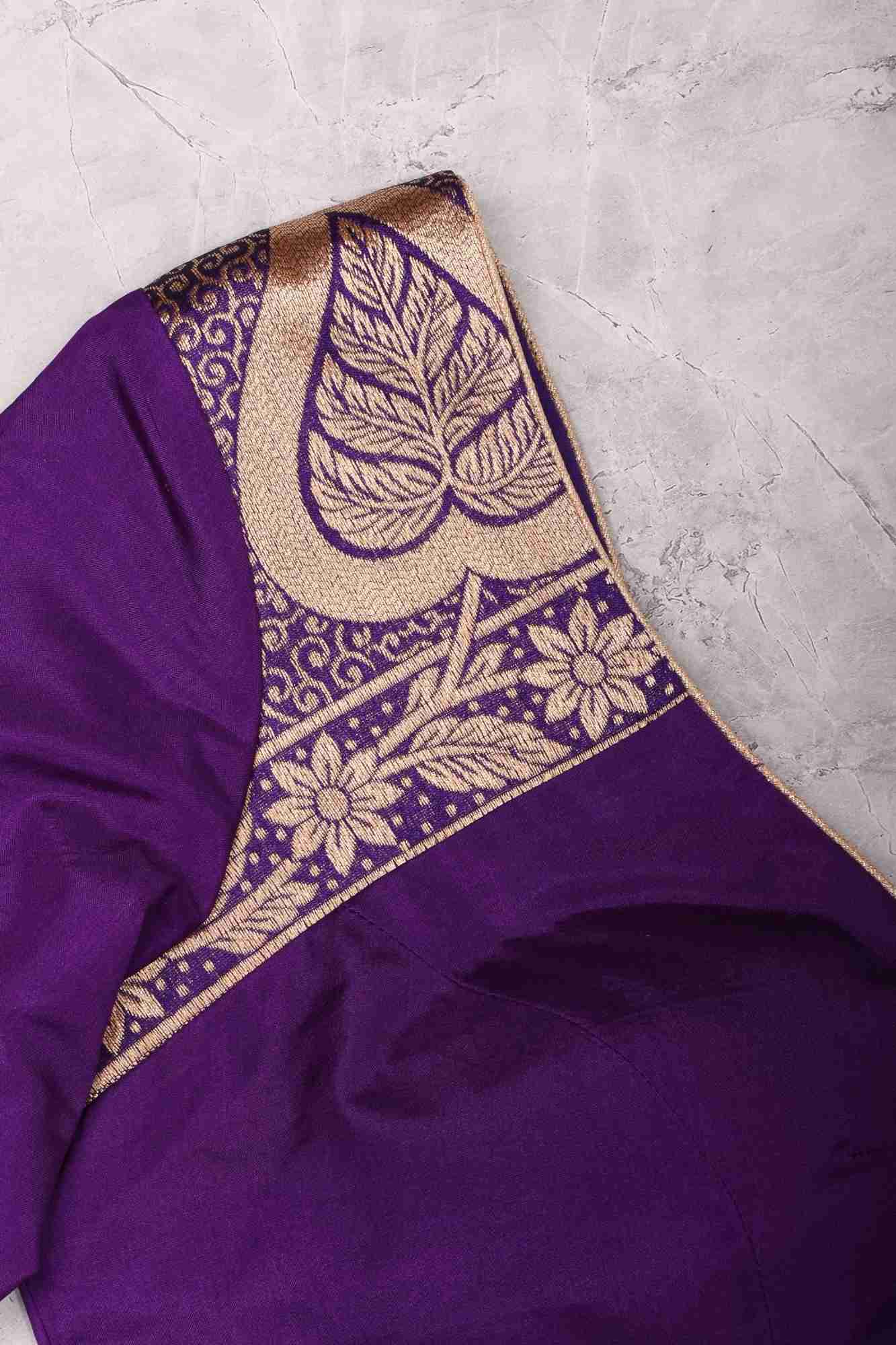 Purple silk & brocade V neck blouse with 3/4th sleeves, Made to Order