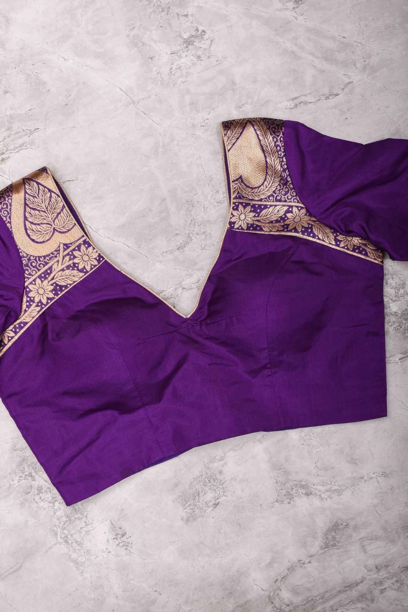 Purple silk & brocade V neck blouse with 3/4th sleeves, Made to Order