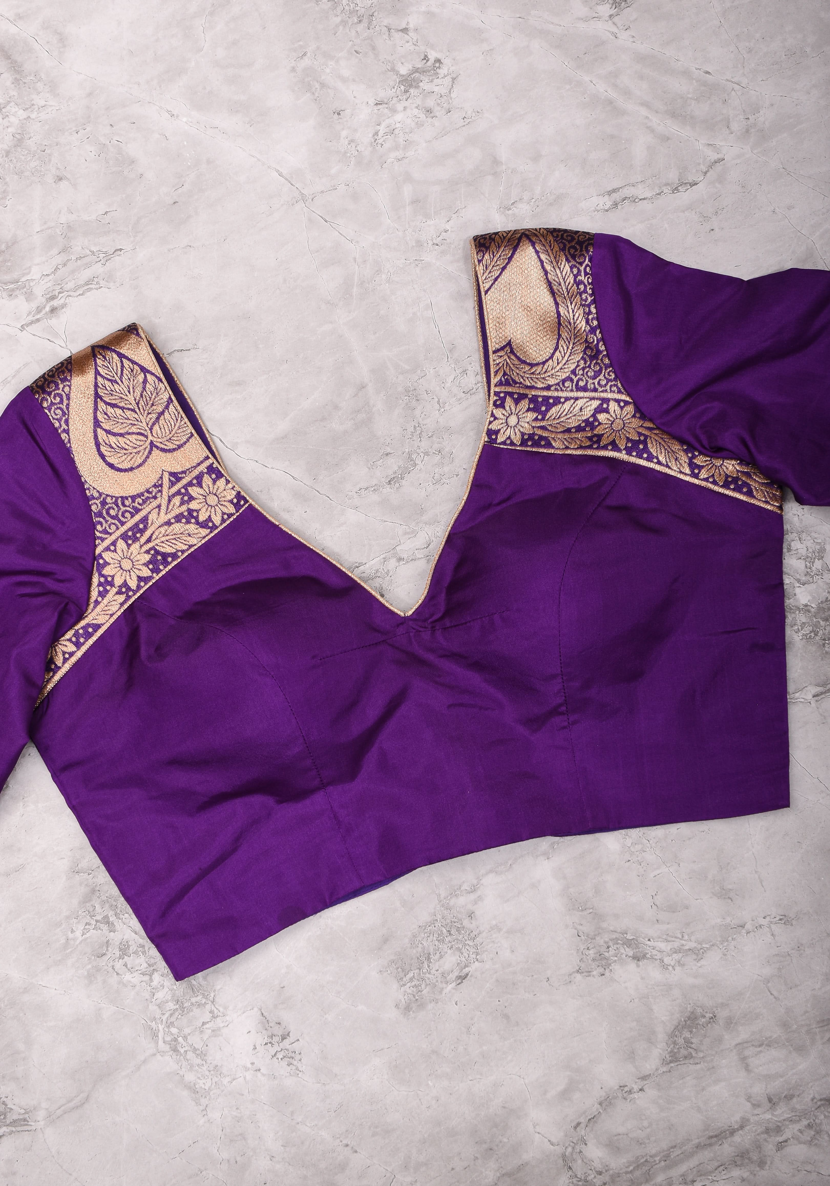 Purple silk & brocade V neck blouse with 3/4th sleeves, Made to Order | Shobitam