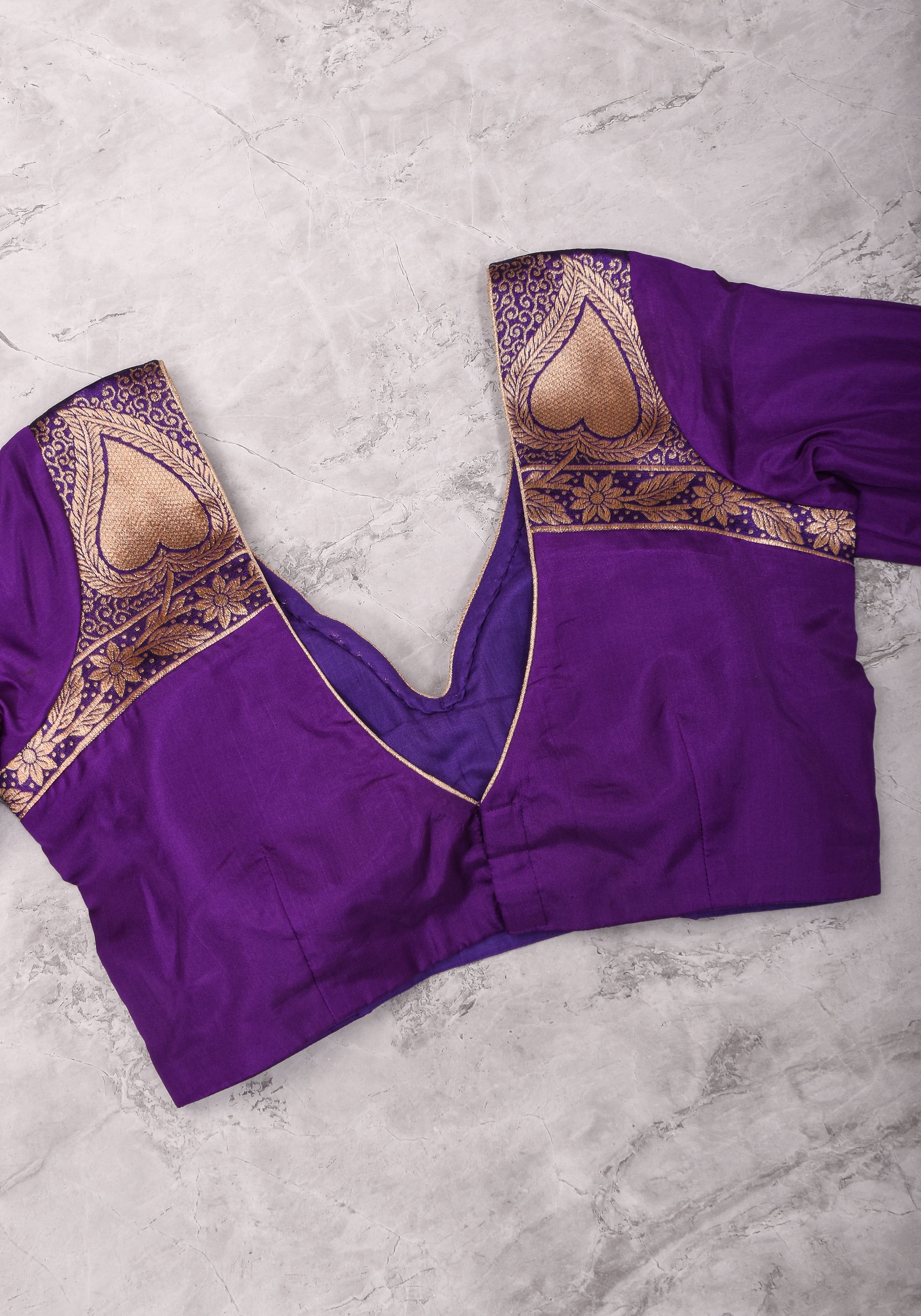 Purple silk & brocade V neck blouse with 3/4th sleeves, Made to Order | Shobitam