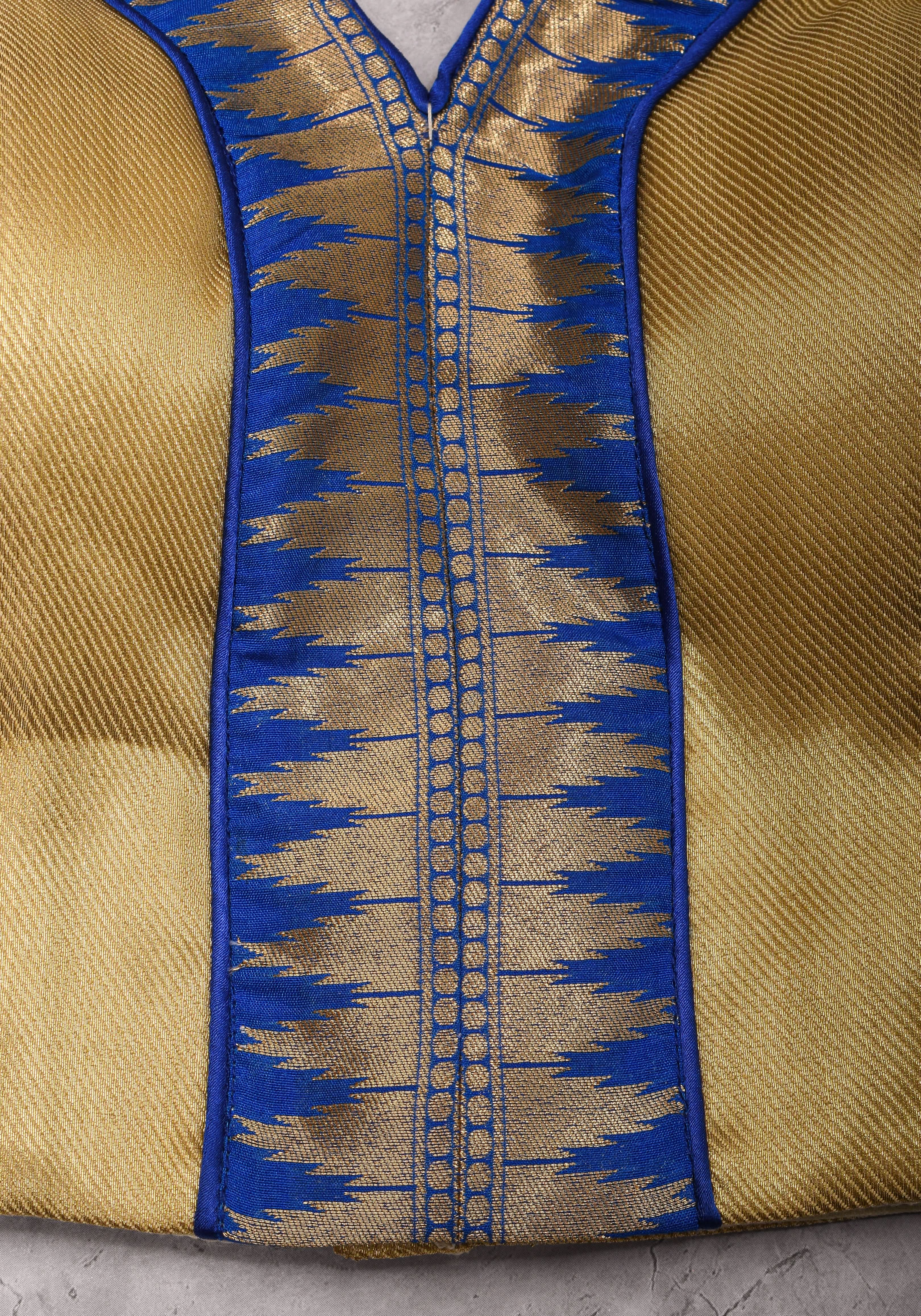 Muted Gold V neck neck sleeveless blouse with blue temple border, Made to Order | Shobitam