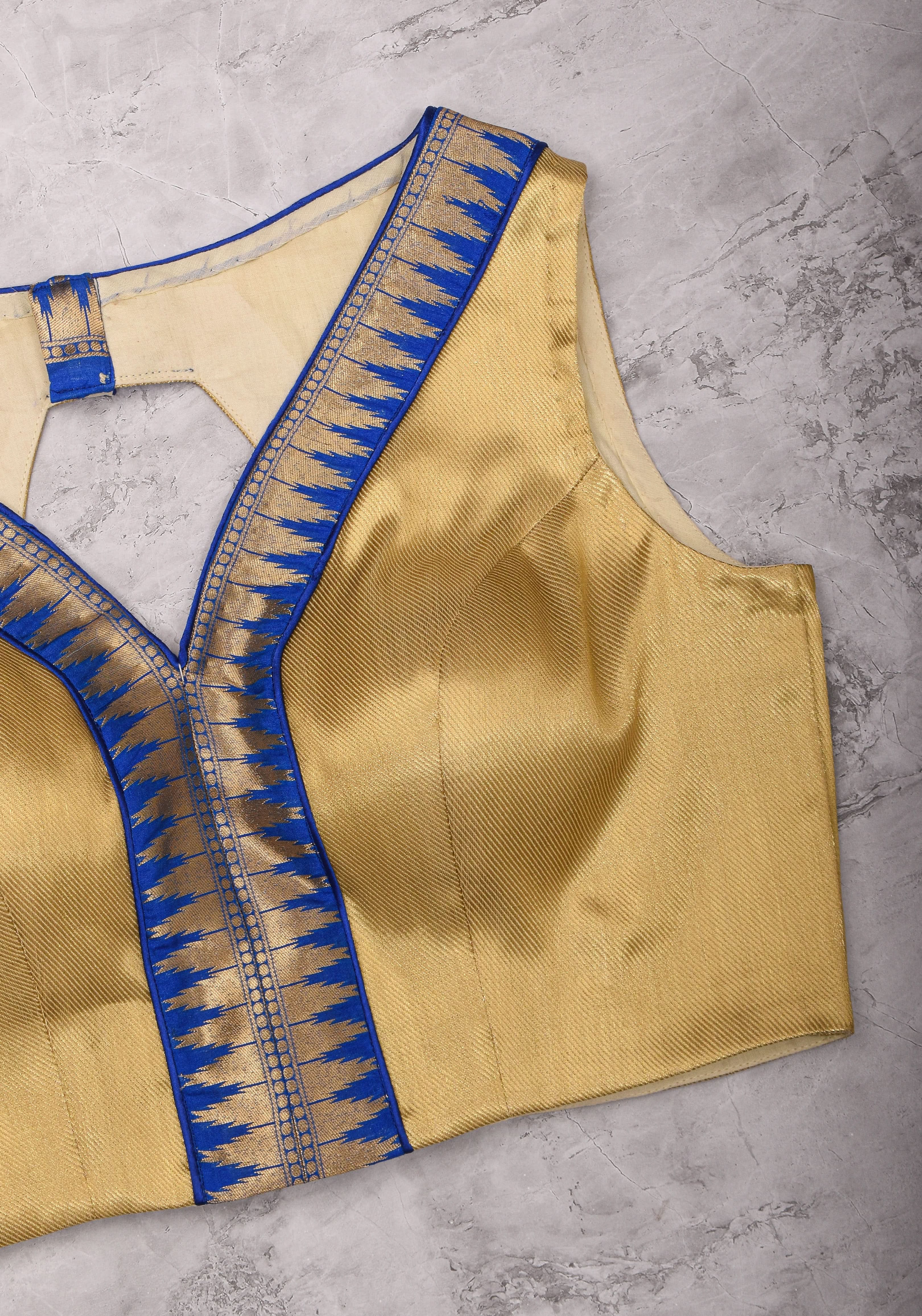 Muted Gold V neck neck sleeveless blouse with blue temple border, Made to Order | Shobitam