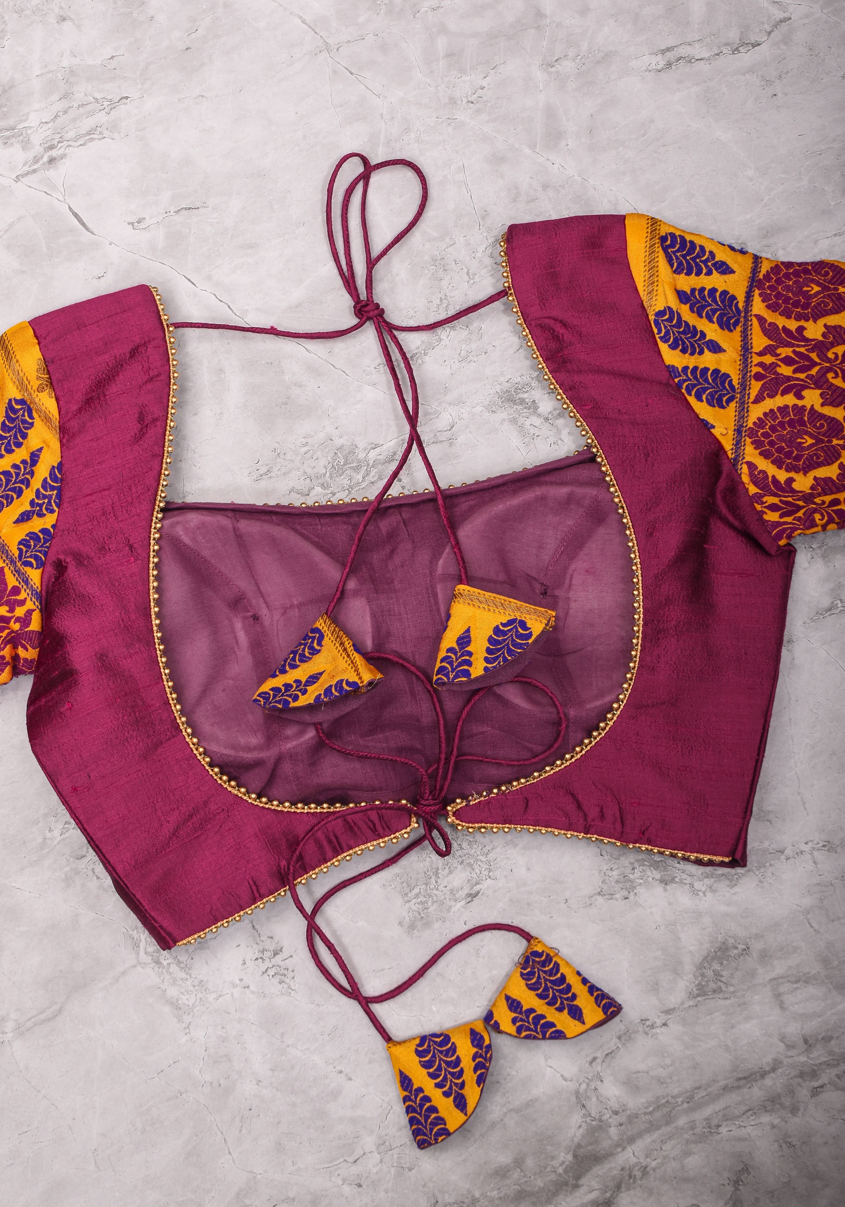 Magenta Pure rawsilk with yellow brocade U neck Blouse with back tie design, Made to Order | Shobitam