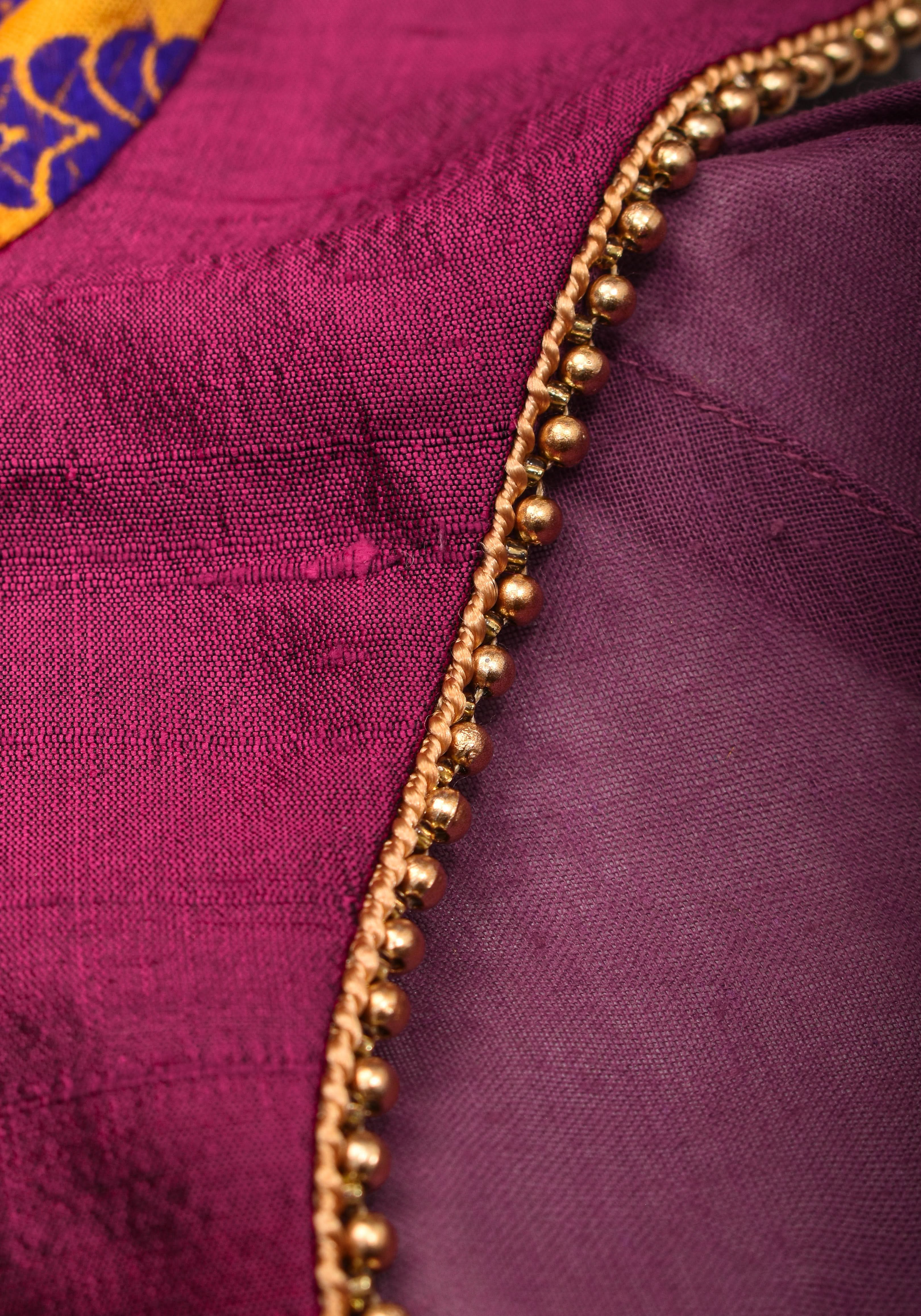 Magenta Pure rawsilk with yellow brocade U neck Blouse with back tie design, Made to Order | Shobitam