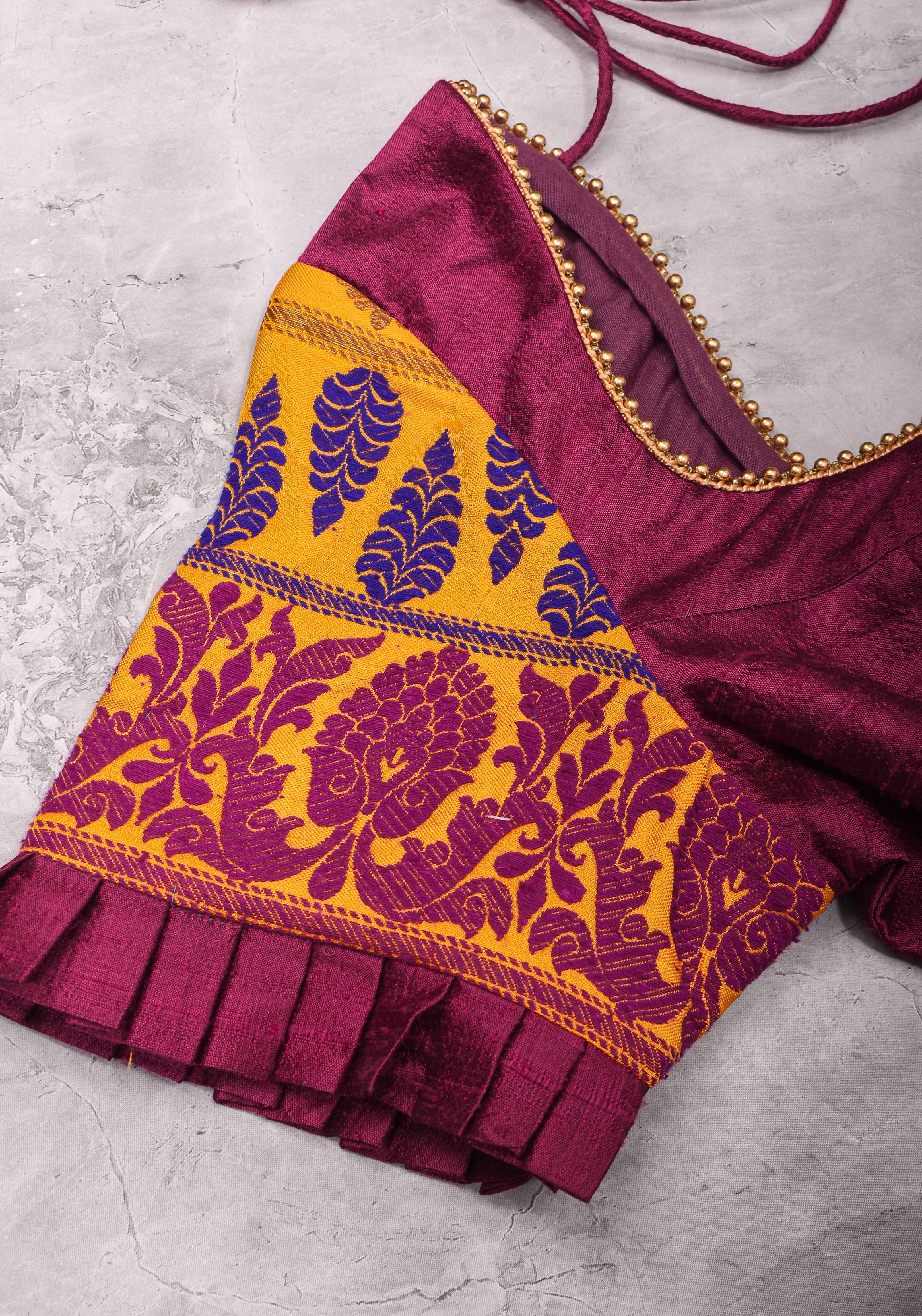 Magenta Pure rawsilk with yellow brocade U neck Blouse with back tie design, Made to Order | Shobitam