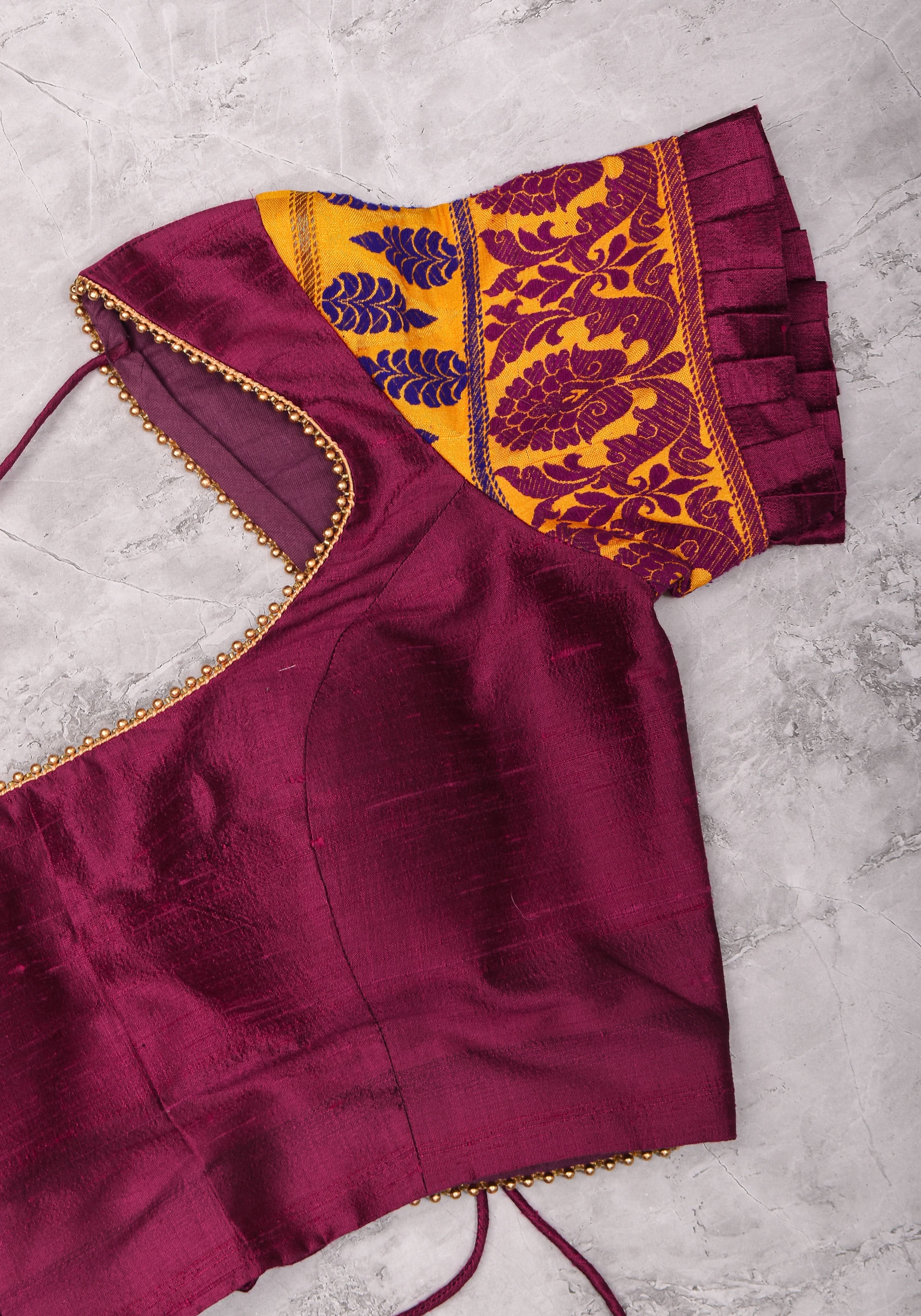 Magenta Pure rawsilk with yellow brocade U neck Blouse with back tie design, Made to Order | Shobitam
