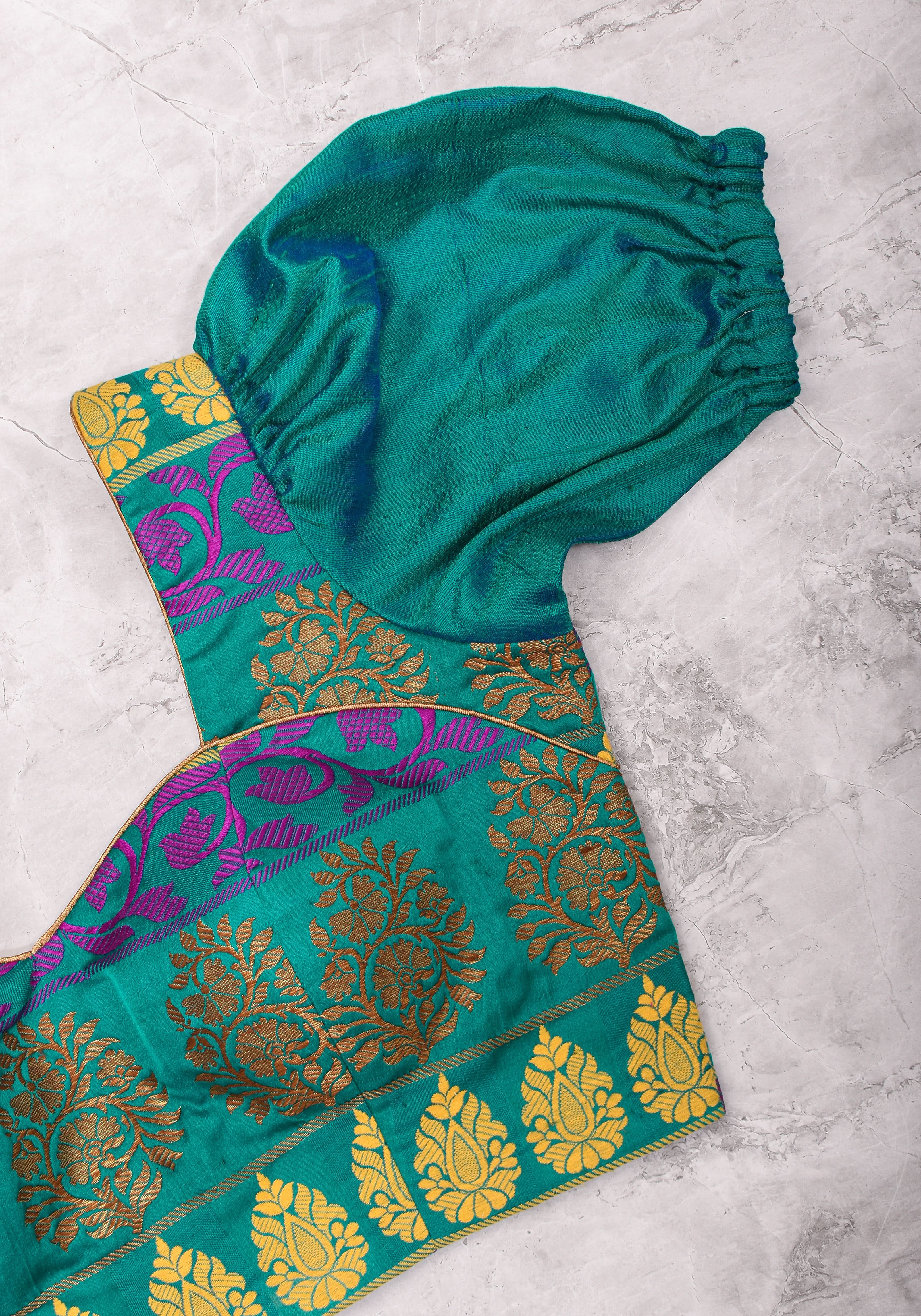 Teal brocade & pure rawsilk sweet heart neck blouse with sleeve detailing, Made to Order | Shobitam