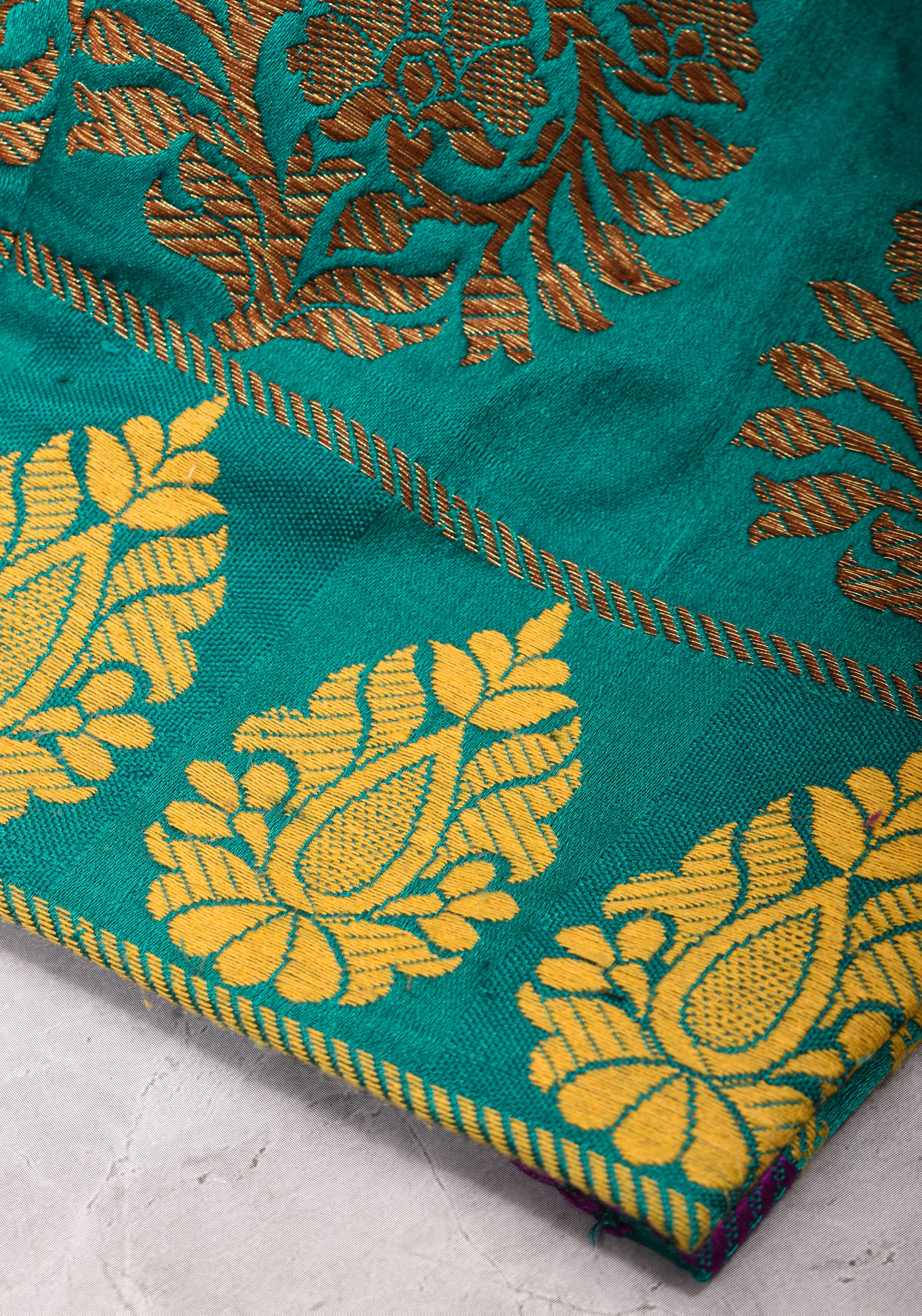 Teal brocade & pure rawsilk sweet heart neck blouse with sleeve detailing, Made to Order | Shobitam