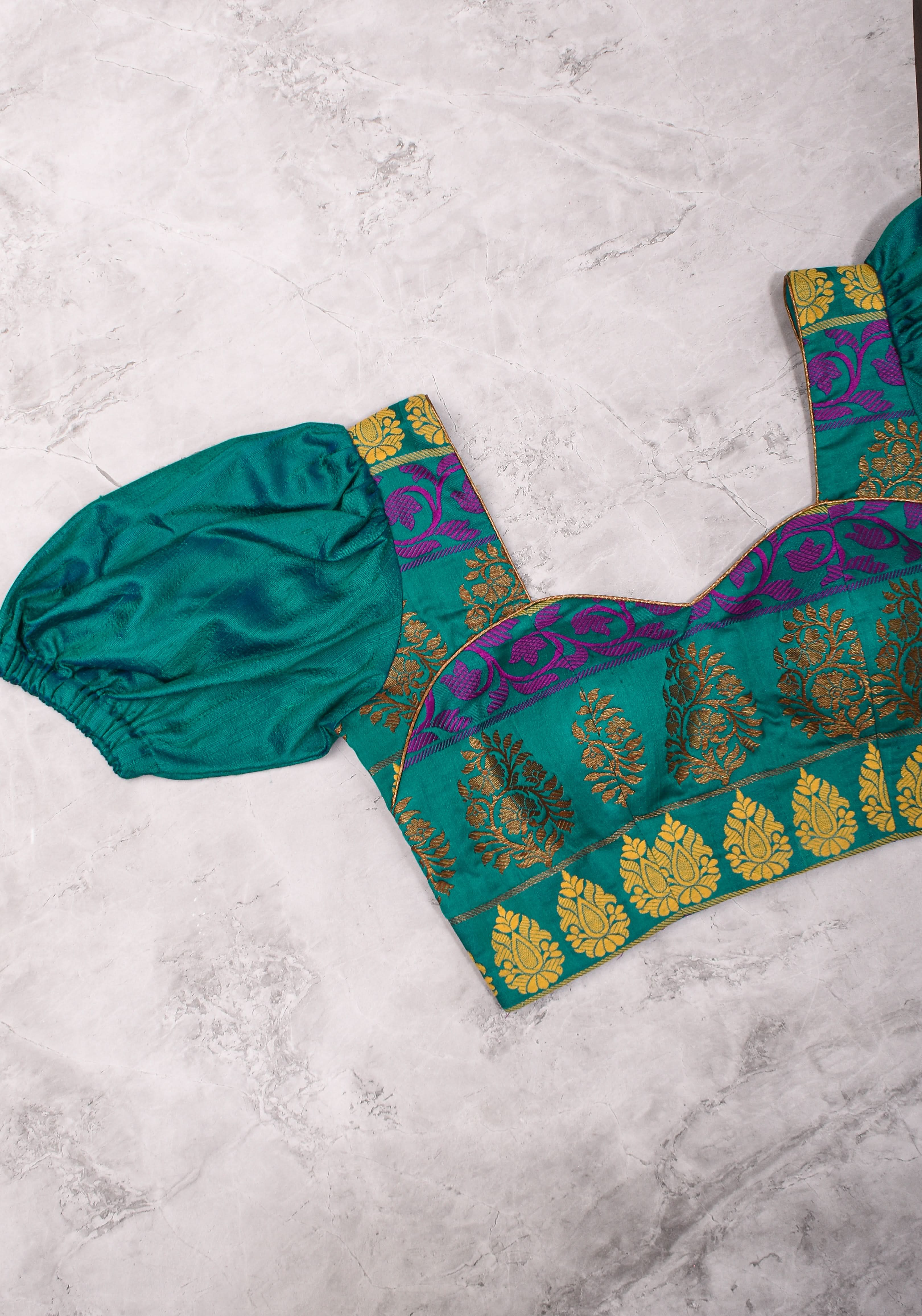 Teal brocade & pure rawsilk sweet heart neck blouse with sleeve detailing, Made to Order | Shobitam