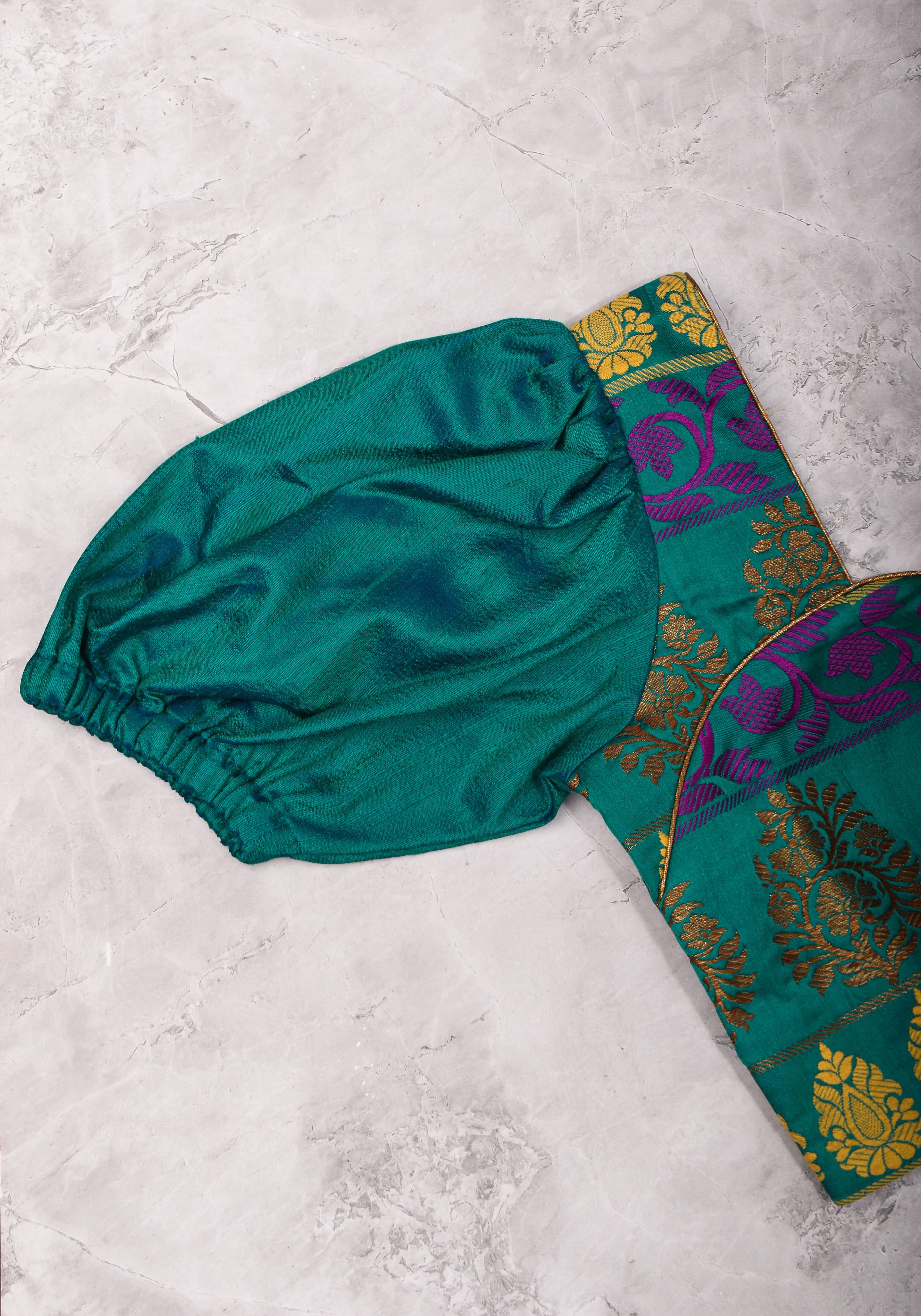 Teal brocade & pure rawsilk sweet heart neck blouse with sleeve detailing, Made to Order | Shobitam