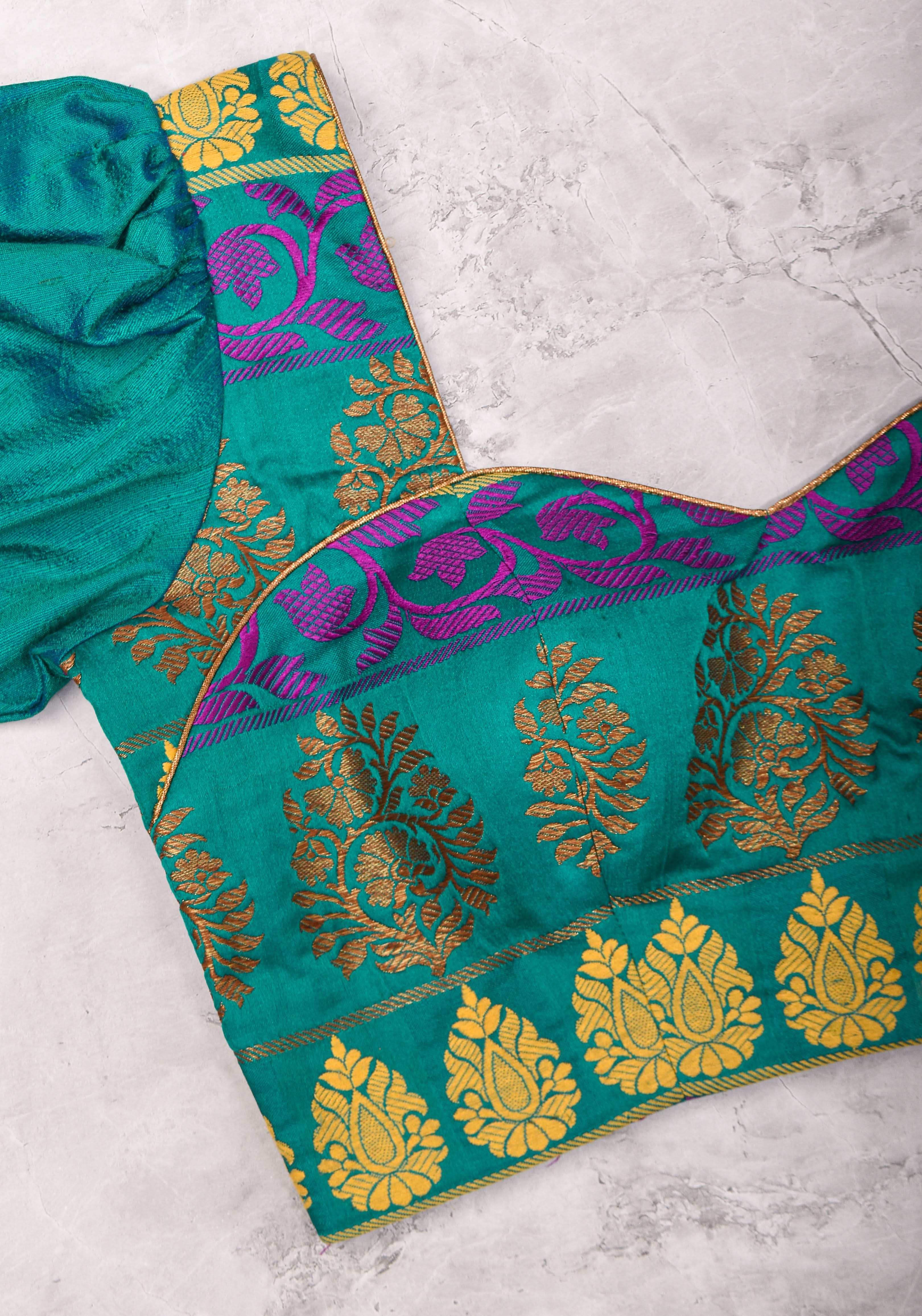 Teal brocade & pure rawsilk sweet heart neck blouse with sleeve detailing, Made to Order | Shobitam
