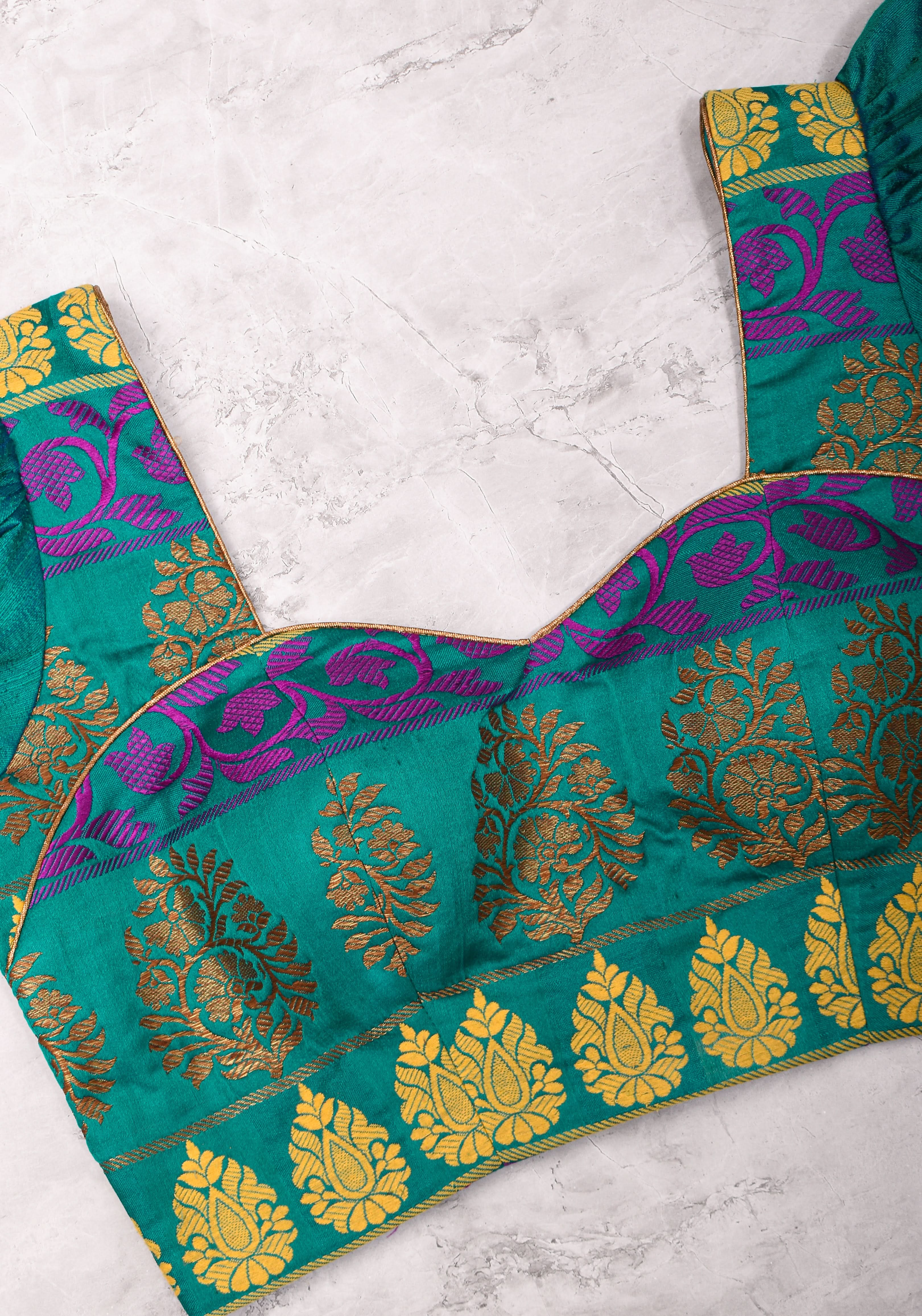 Teal brocade & pure rawsilk sweet heart neck blouse with sleeve detailing, Made to Order | Shobitam