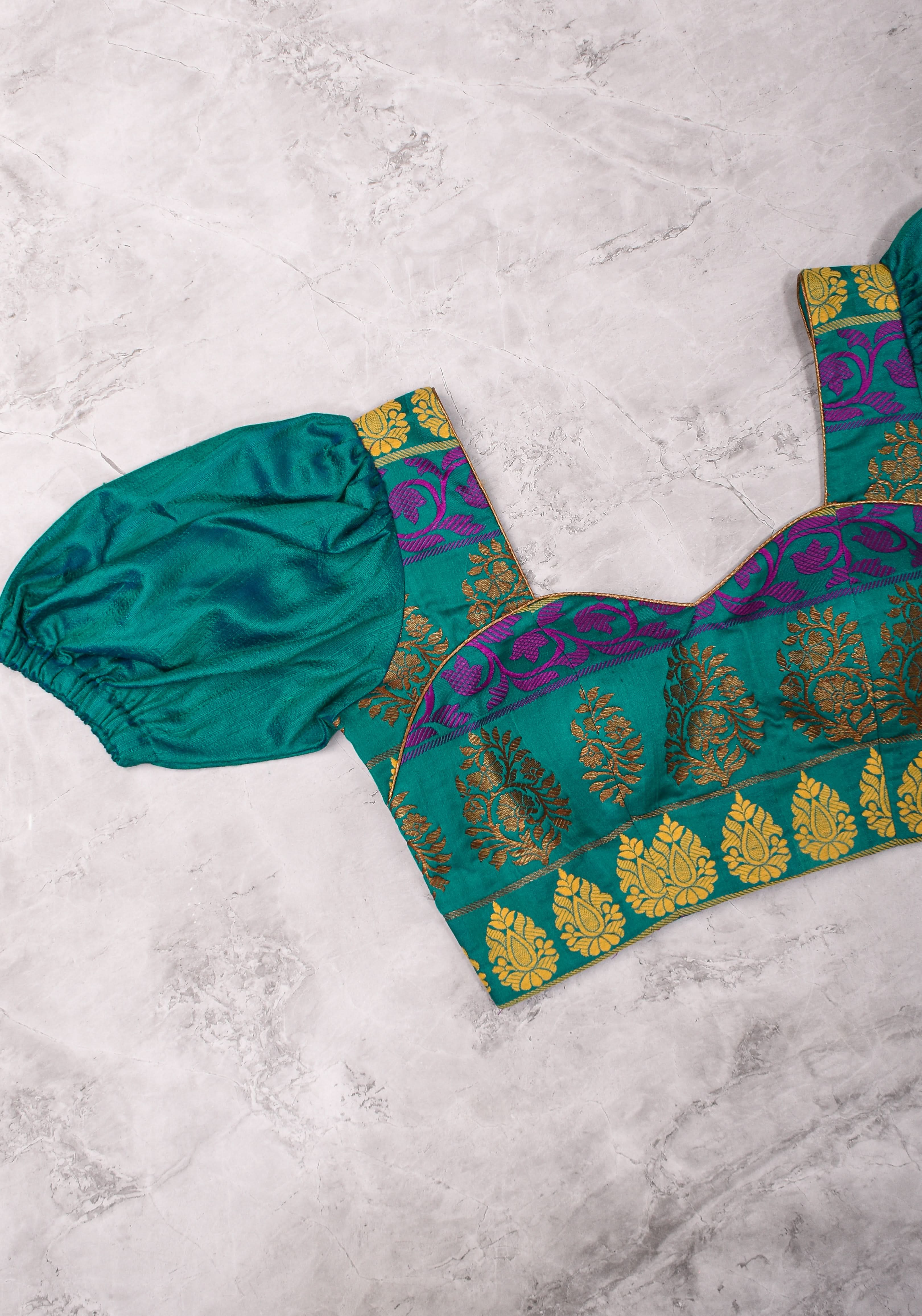 Teal brocade & pure rawsilk sweet heart neck blouse with sleeve detailing, Made to Order | Shobitam