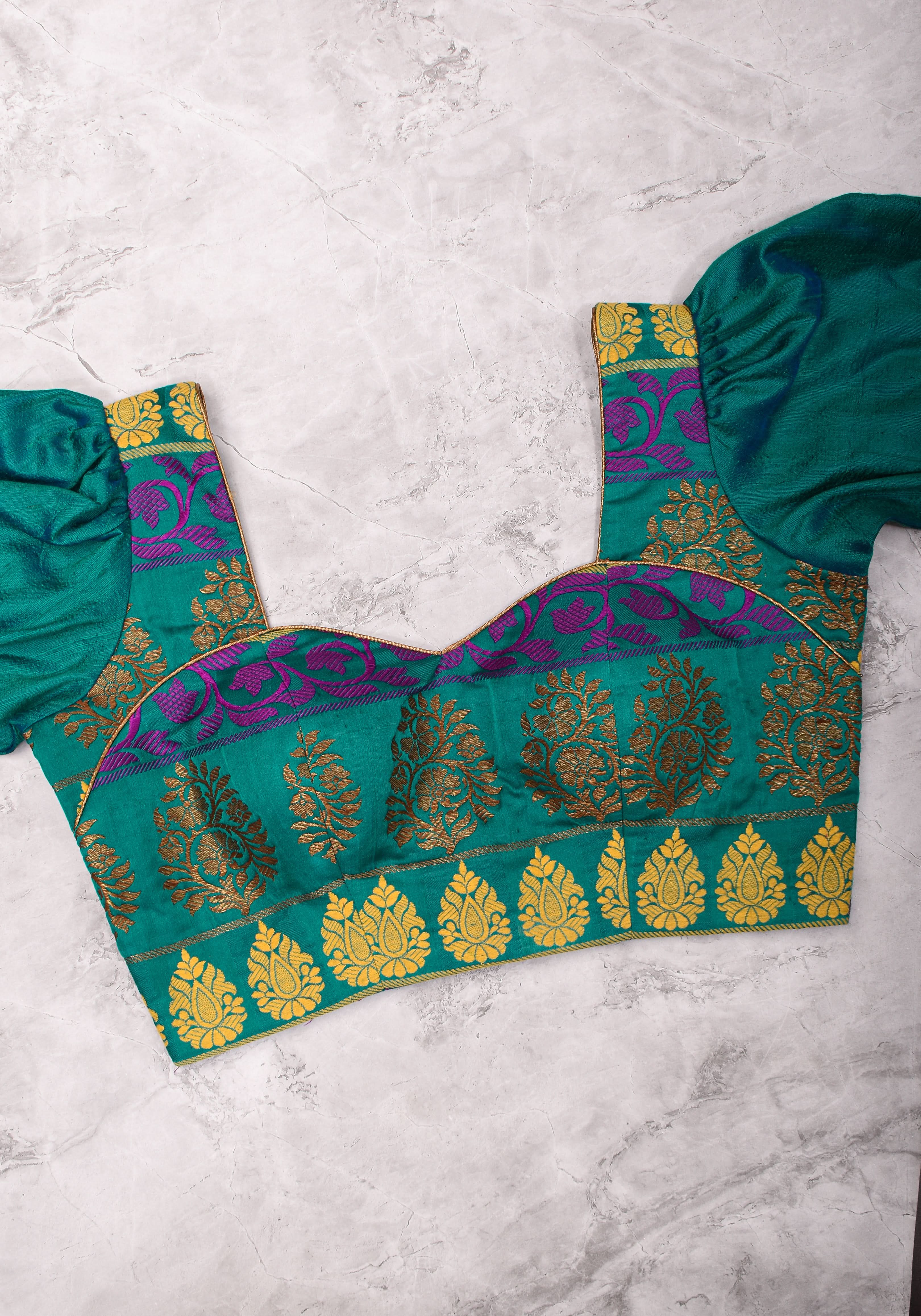 Teal brocade & pure rawsilk sweet heart neck blouse with sleeve detailing, Made to Order | Shobitam
