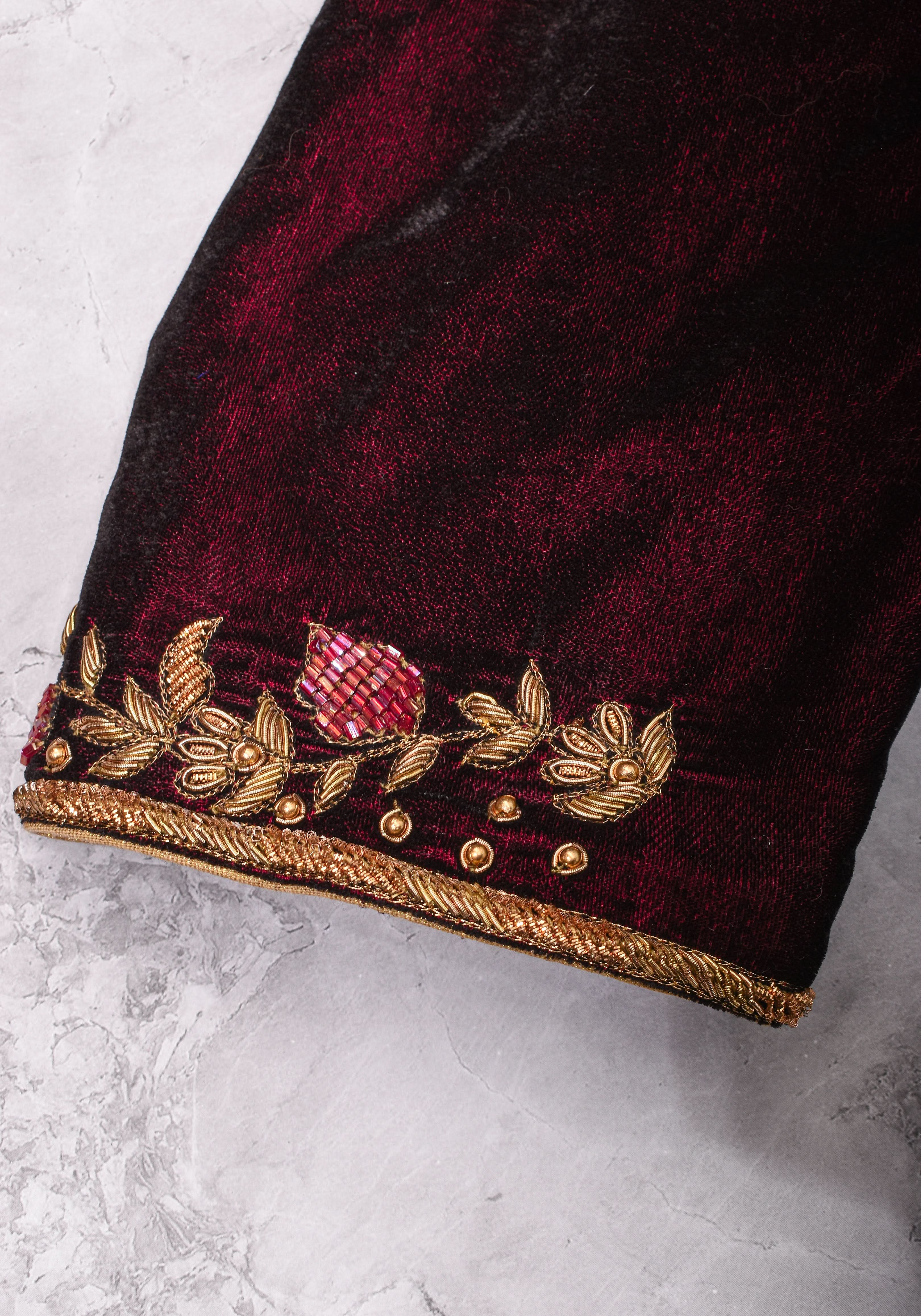 Maroon Velvet Blouse with Zardosi work Mix and Match Blouse for saree, Made to Order | Shobitam